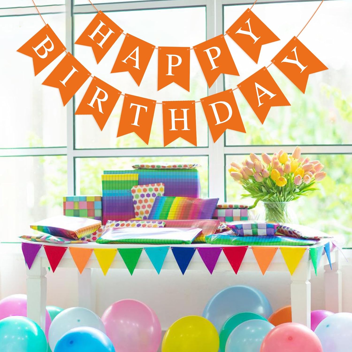 Cartel de cumpleaños naranja con texto en inglés “Happy Birthday” para niños, niñas, mujeres, cumpleaños, decoración de fiesta de té, banderines,