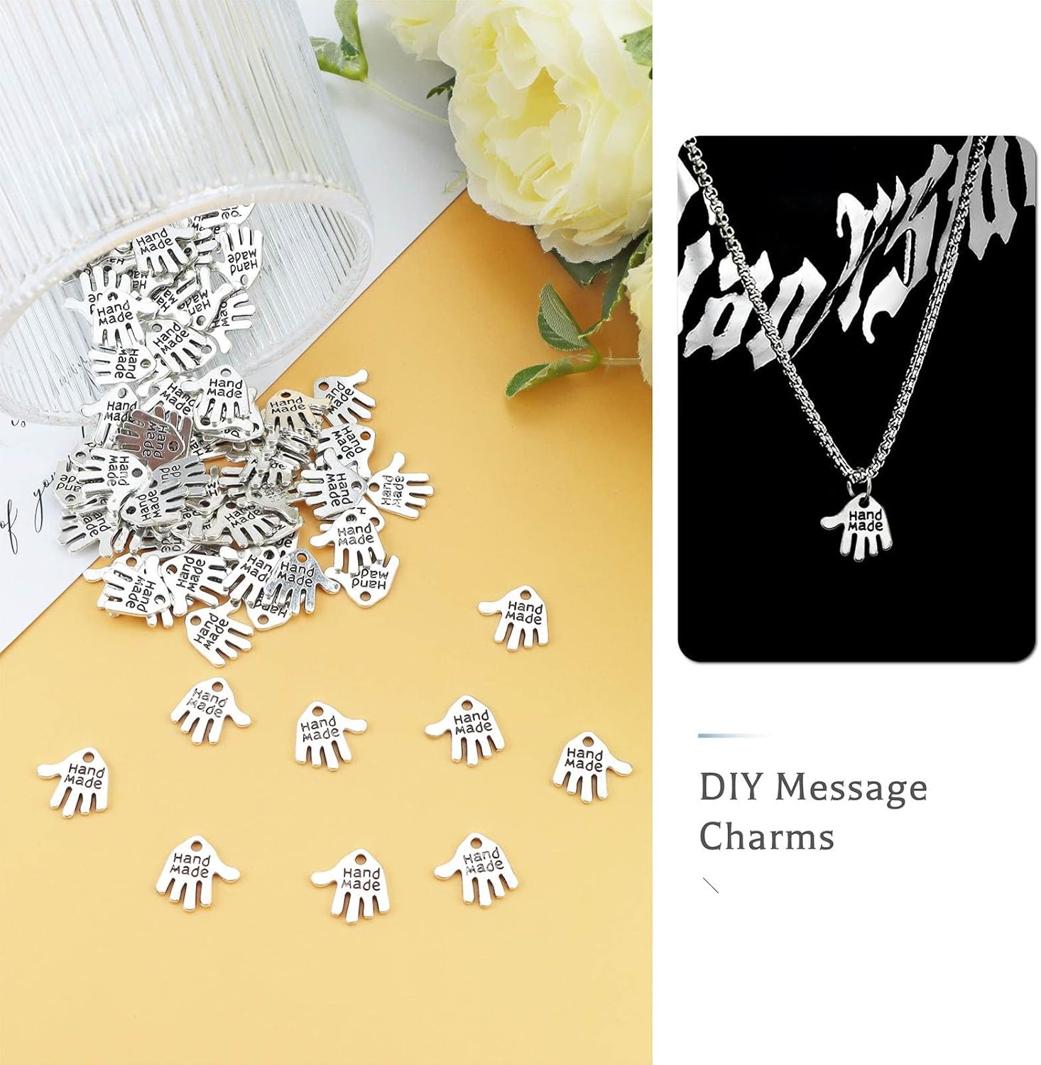 JIALEEY 100 dijes en forma de mano hechos a mano, letreros tallados en tono plateado para hacer joyas de moda, hallazgos, manualidades, costura,
