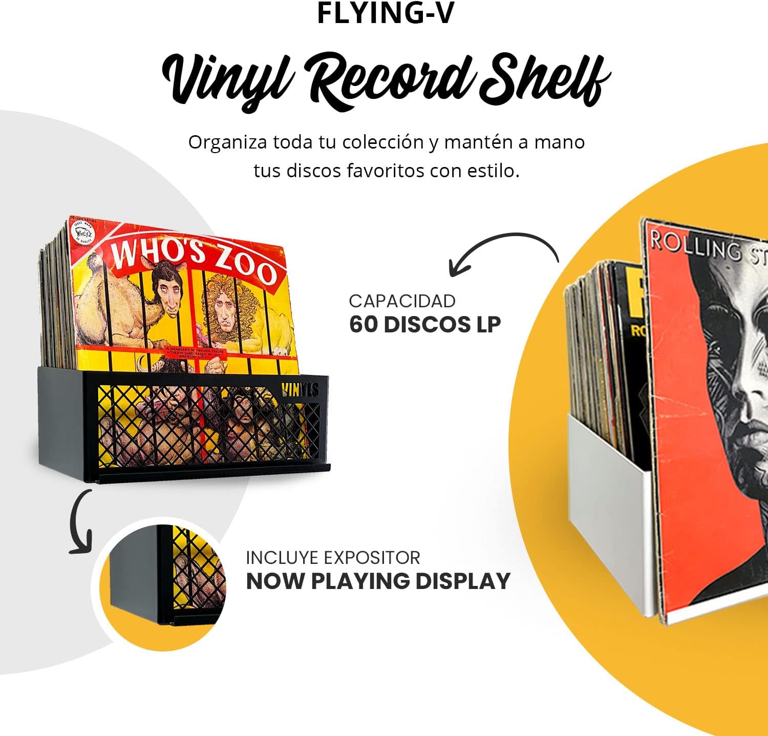 Almacenamiento de discos de vinilo, juego de 2 soportes de montaje en pared para hasta 50 LPs con pantalla de reproducción de Now Play, organizador