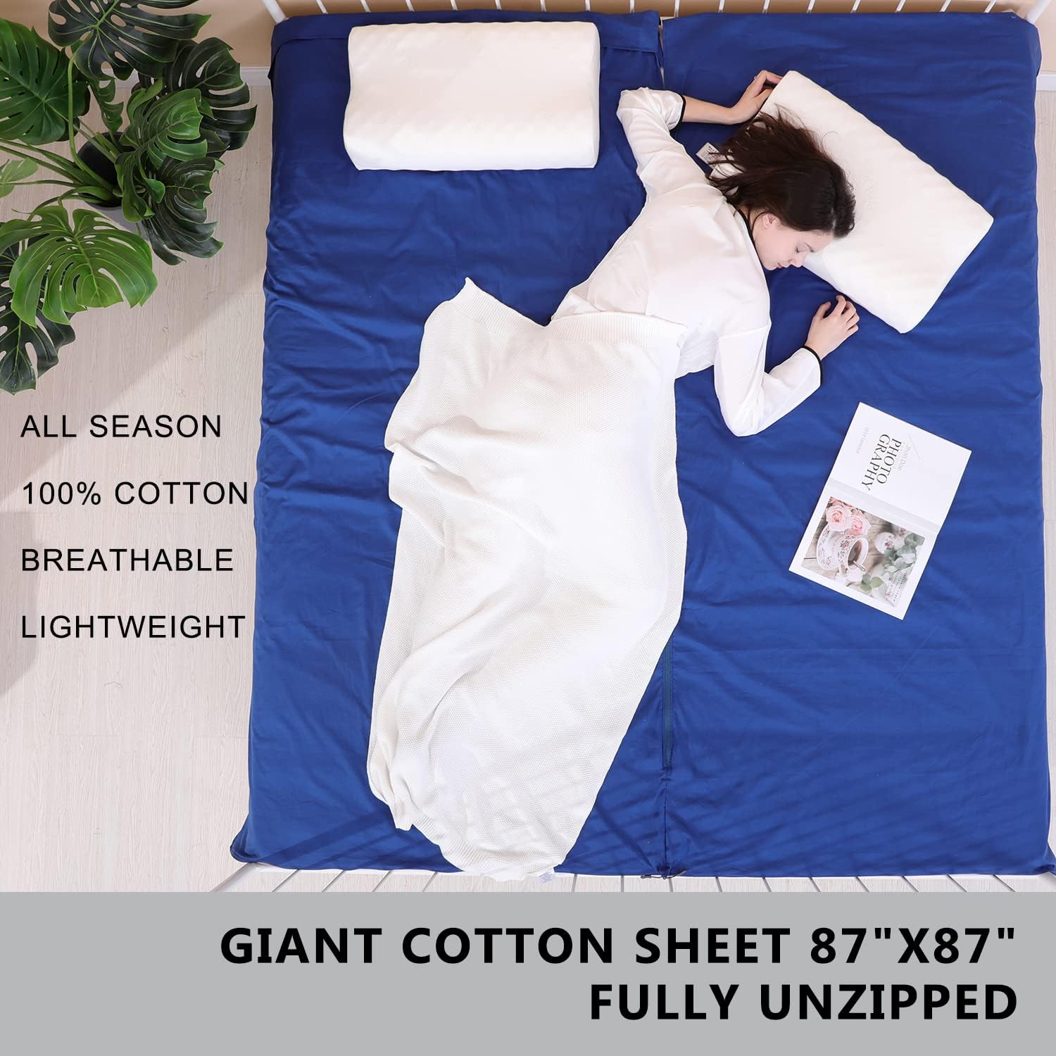 Forro para saco de dormir 100% algodón con cremalleras completas, saco de dormir grande de 87 x 43 pulgadas para adultos para viajes y campamentos,