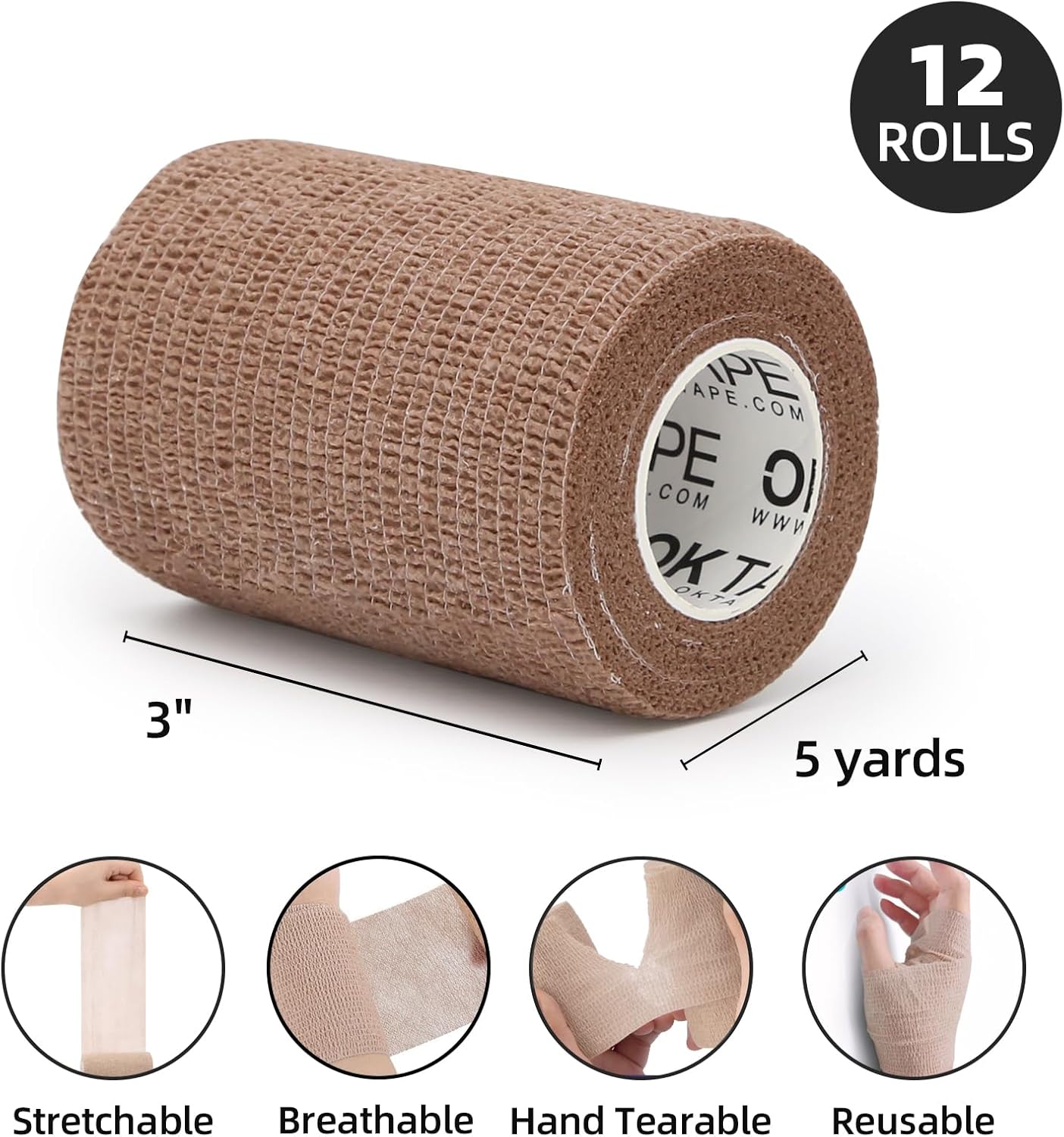 OK TAPE Vendajes cohesivos autoadherentes  12 paquetes, 3 pulgadas x 5 yardas, vendaje autoadhesivo no tejido para pulgar, dedo, muñeca, tobillo,