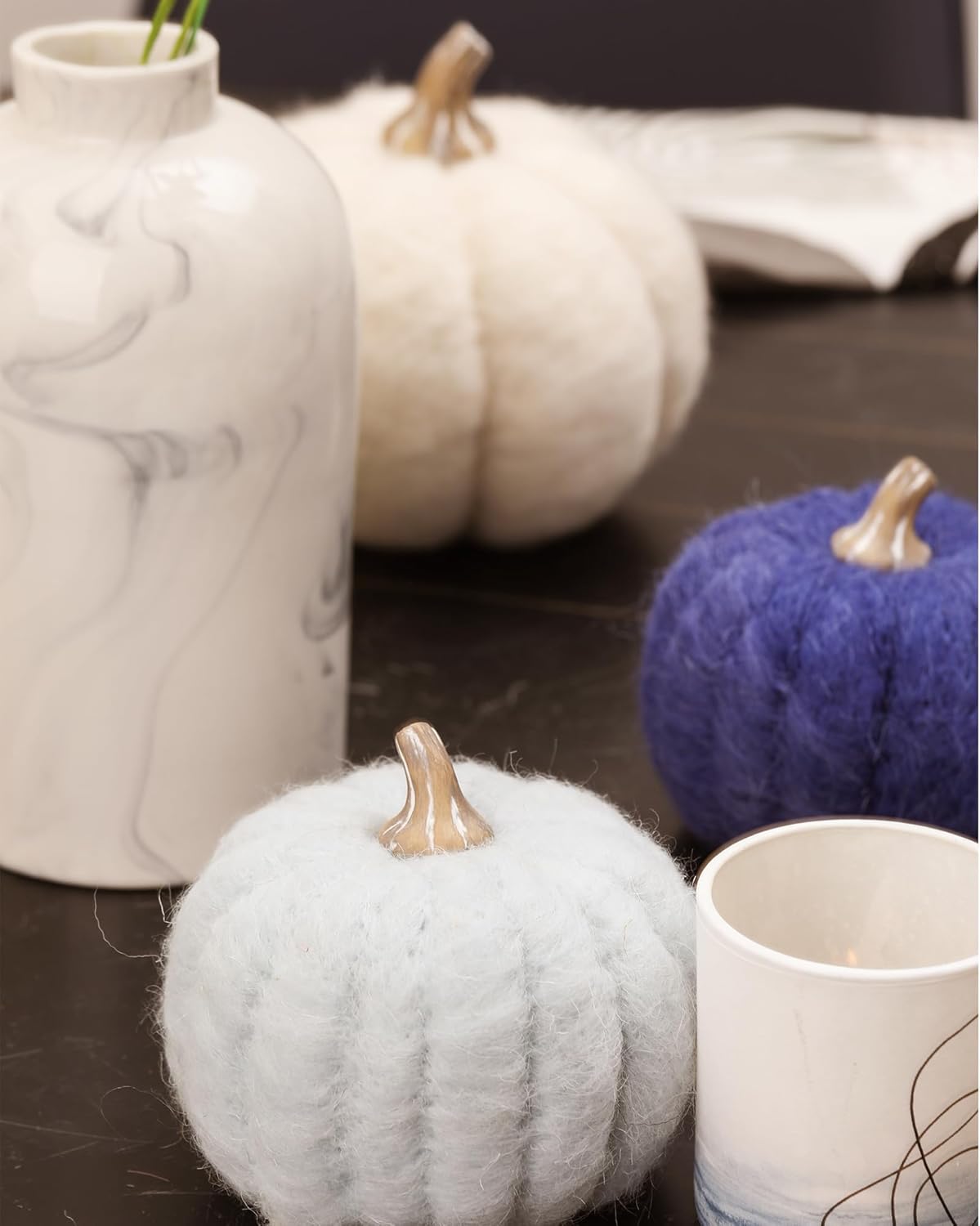 DN DECONATION 3 calabazas decorativas de calabaza, calabazas de lana azul marino para decoración, calabaza de tela pequeña como centro de mesa para