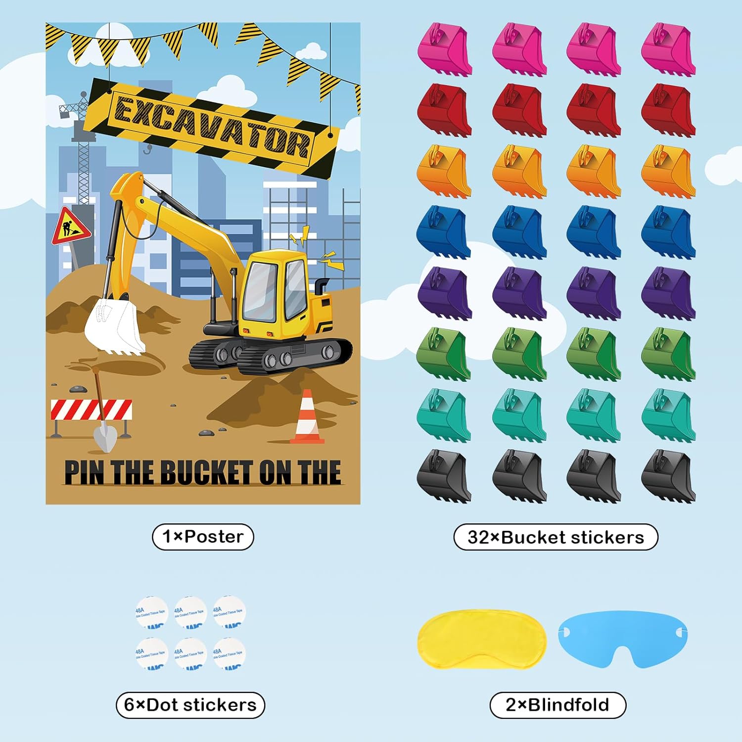 Hxezoc Pin The Bucket on The Excavator Game con 32 cubos grandes de construcción para juegos de fiesta para niños, fiesta de cumpleaños, suministros
