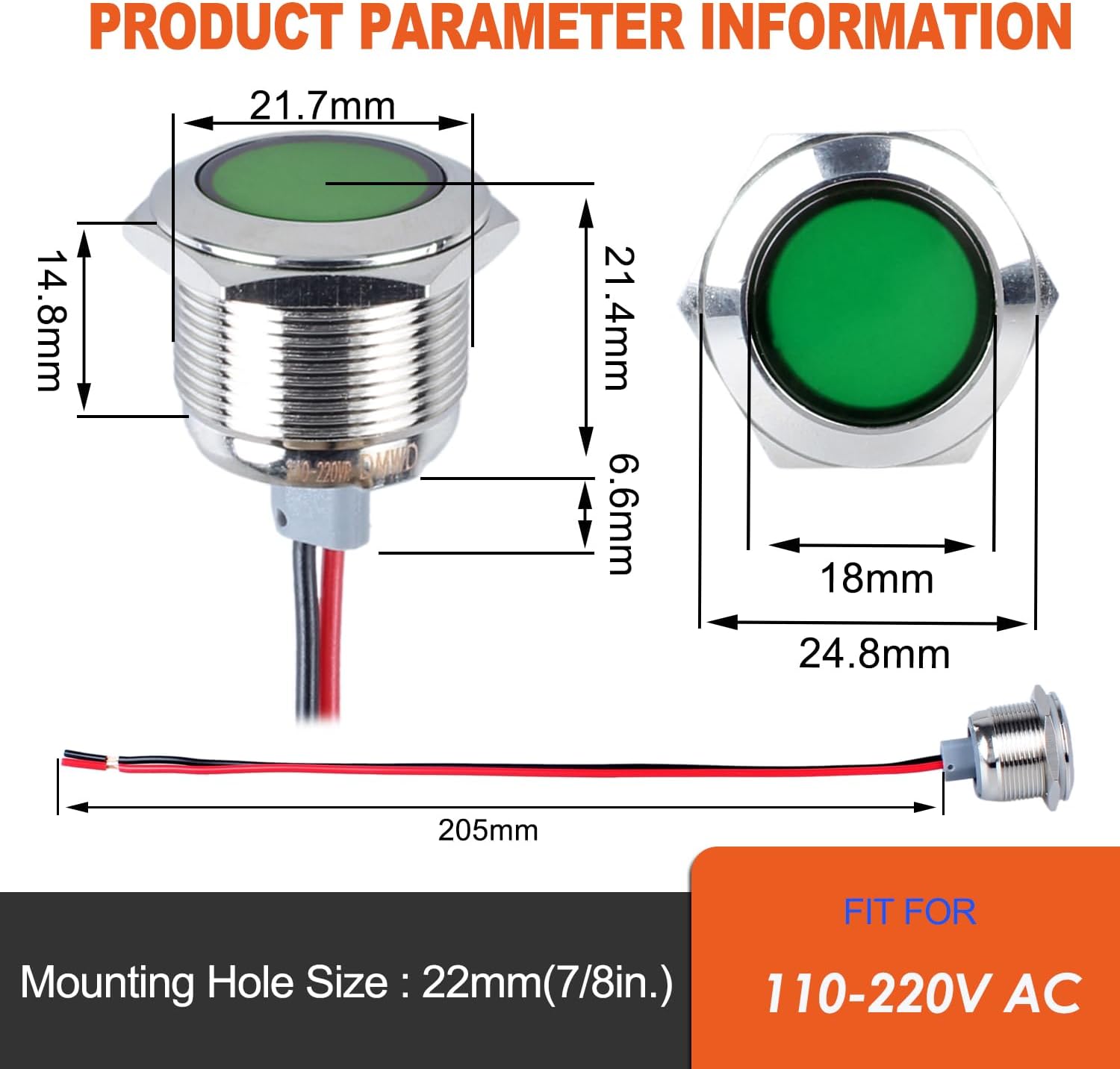 2 luces indicadoras LED de 0.866 in (78 pulgadas), 110-220VCA 20mA ahorro de energía de metal impermeable IP67 lámpara piloto LED cabeza plana con