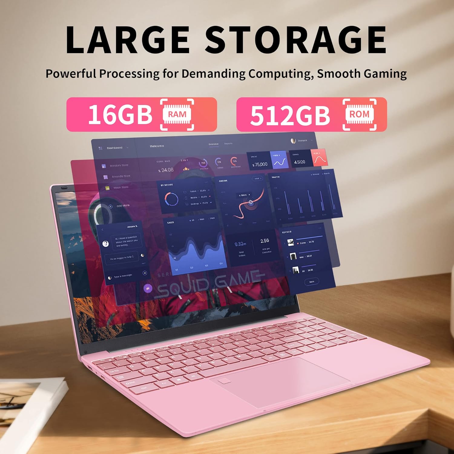 Win11MS Office2019 Laptop de alta velocidad con pantalla grande FHD de 15.6 pulgadas de alto rendimiento, Celeron N5095 (2.0 Ghz) CPU 16G RAM +