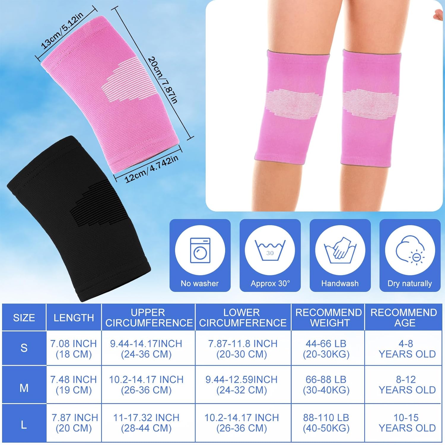 2 pares de rodilleras para niños, rodilleras de compresión para niños, para baloncesto, voleibol, deportes, gimnasia (negro, rosa, S)