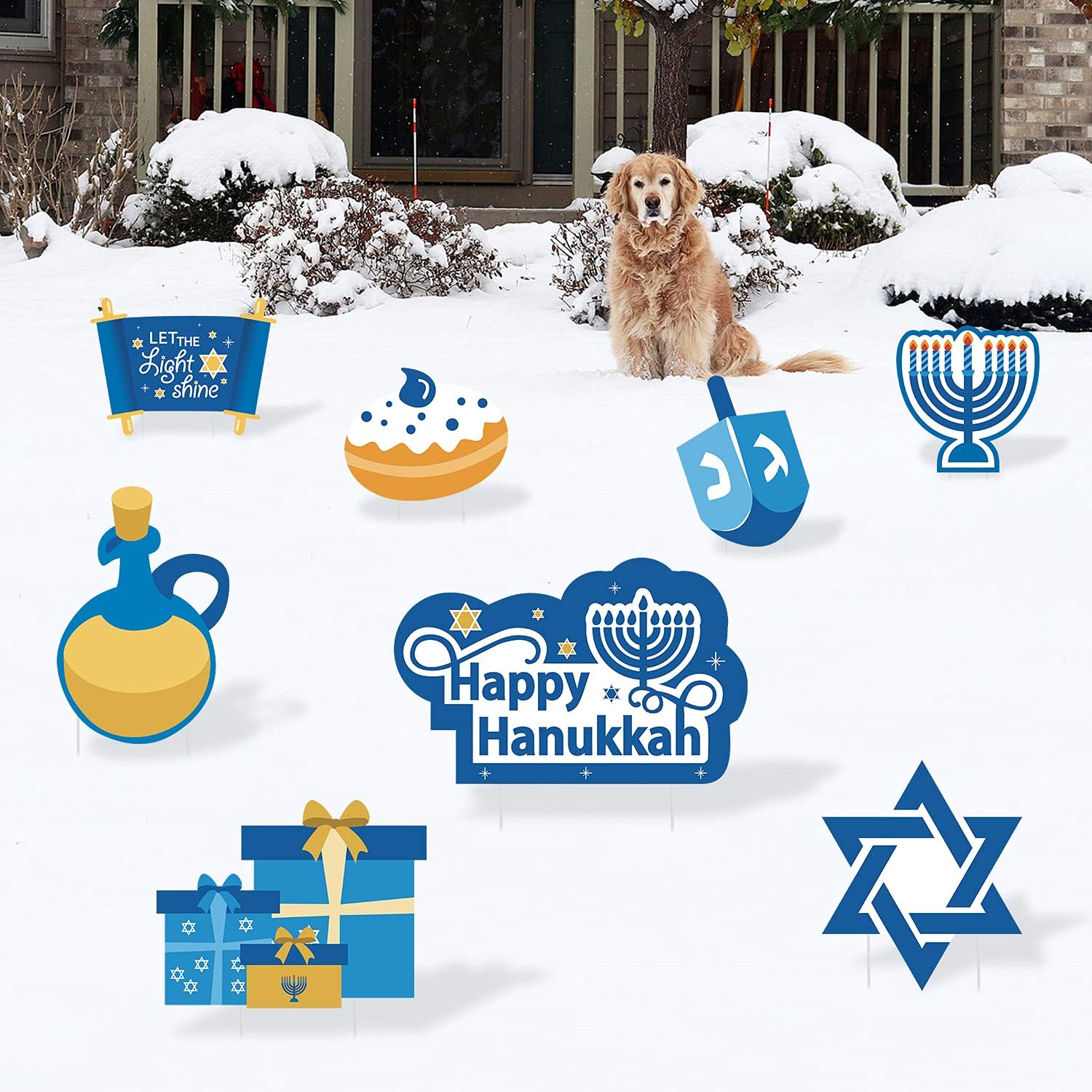 Letreros de Hanukkah con estacas Happy Hanukkah, decoraciones de patio de vacaciones de invierno, decoración de césped al aire libre, decoración de
