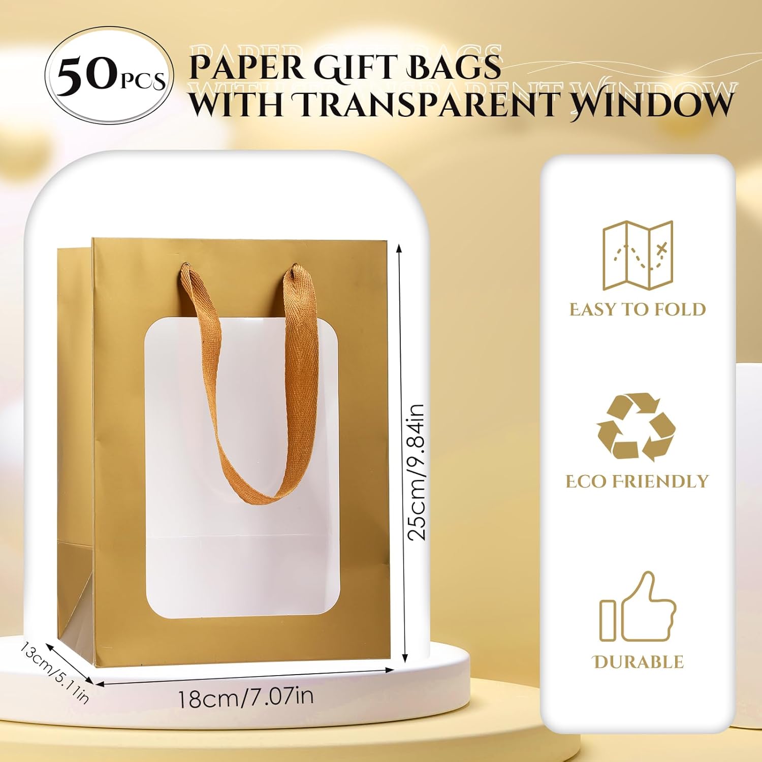 Reginary 50 bolsas de regalo de papel con ventana transparente, bolsa de regalo transparente de 9.8 x 7.1 x 5.1 pulgadas, bolsa de regalo de ramo