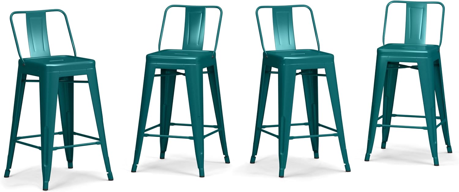 SIMPLIHOME Rayne Taburete de 24 pulgadas de altura de mostrador, de metal azul turquesa, cuadrado, juego de 4, para la cocina y el comedor,