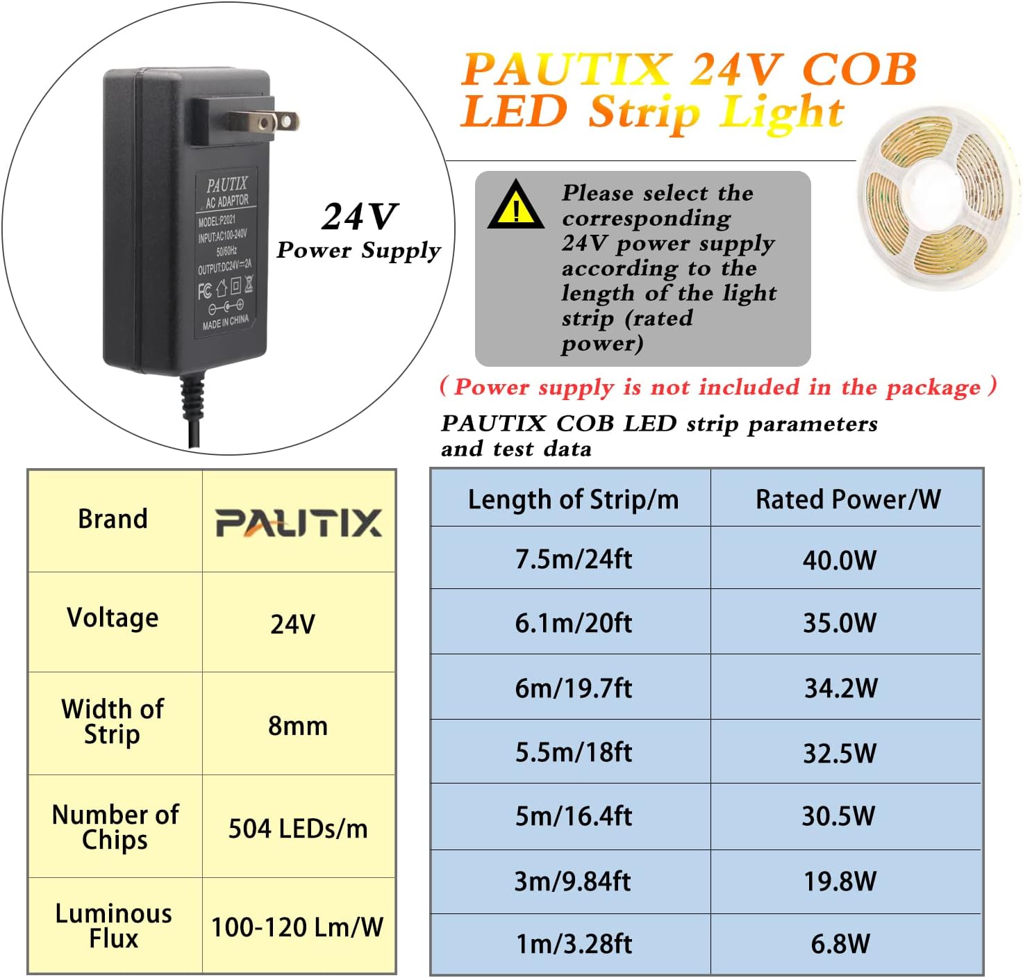 PAUTIX COB Tira de luces LED de 40 pies40.0 ft súper brillante, 504 LEDsm blanco cálido 3000K CRI90+ cinta LED flexible de 24 V para gabinetes de