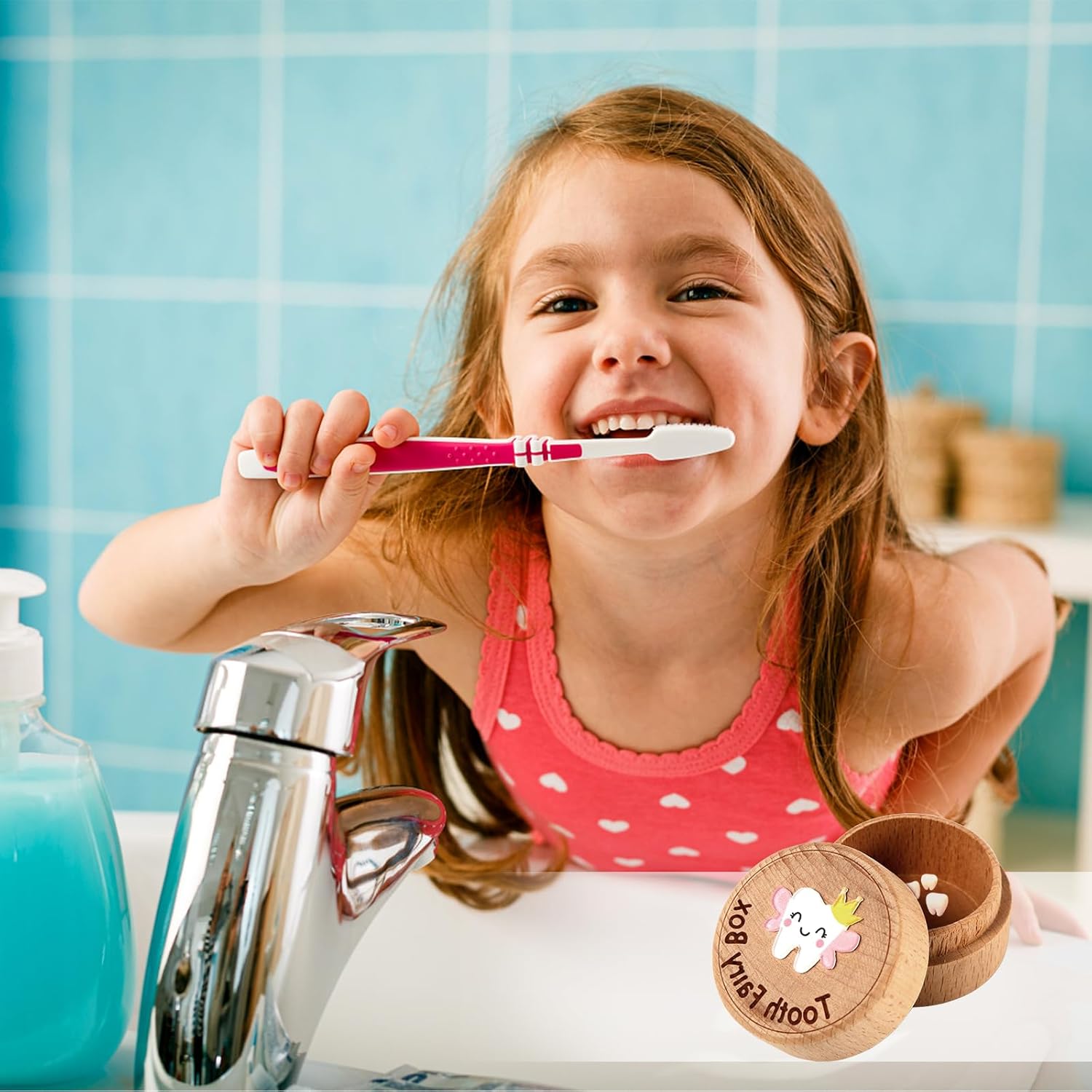 Caja de madera tallada con dientes 3D, caja de almacenamiento de recuerdos de dientes perdidos para niños y niñas