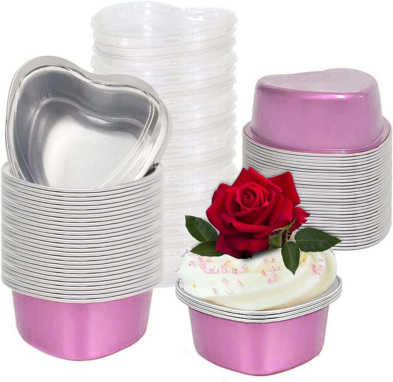 Juego de moldes para hornear en forma de corazón, de papel de aluminio, desechables, con tapas, mini taza para cupcakes, 3.4 onzas, para San