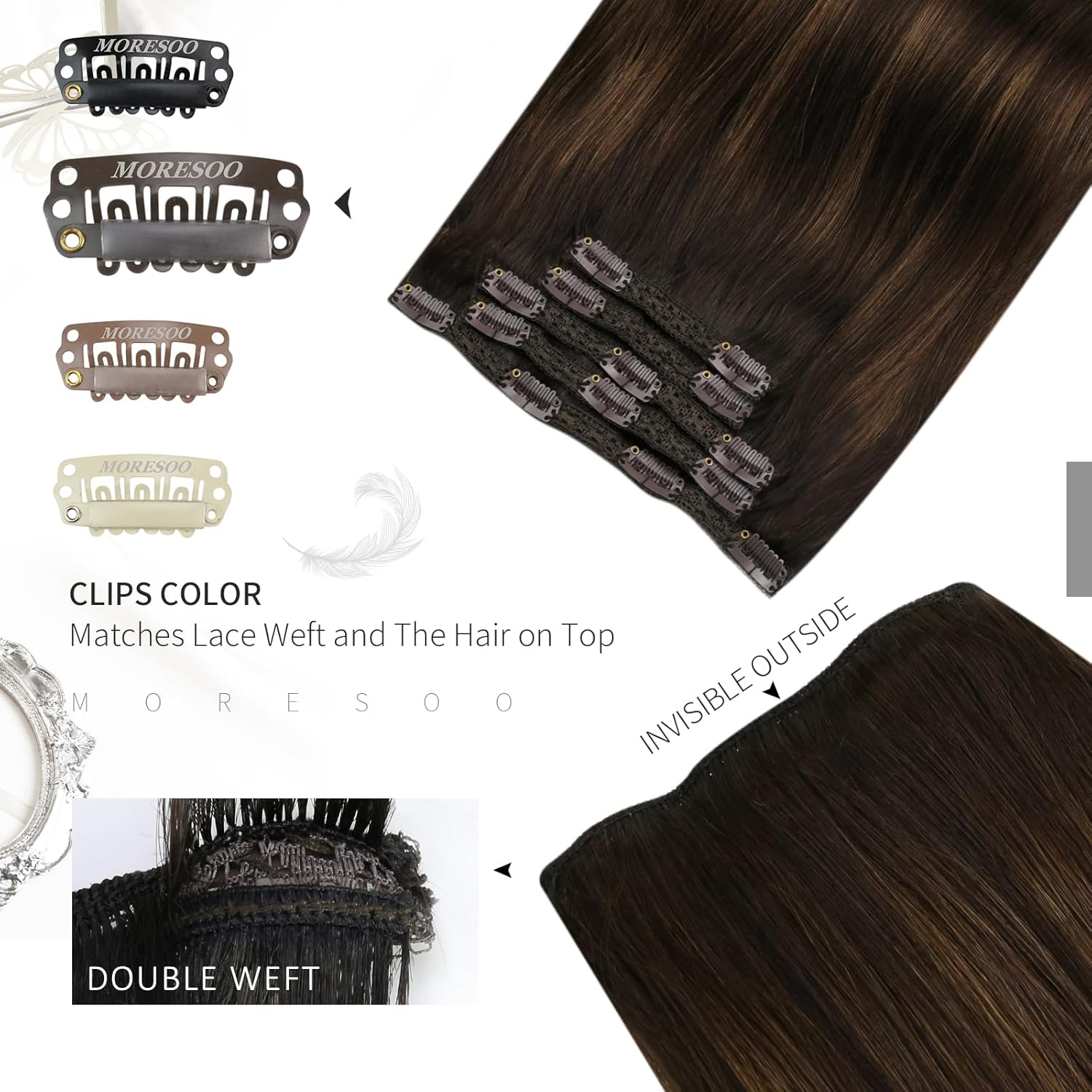 Moresoo Extensiones de cabello humano con clip, color marrón degradado, doble trama, extensiones de cabello humano real, balayage, color marrón