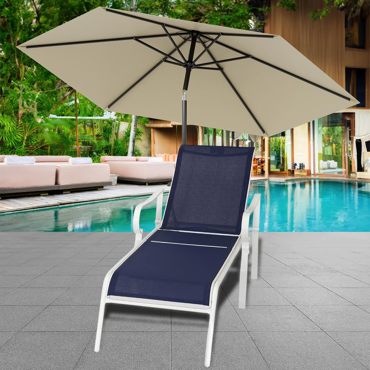 Chaise Lounge para exteriores con respaldo ajustable en 5 niveles reclinables, marco de metal resistente, silla para tomar el sol para playa, patio,