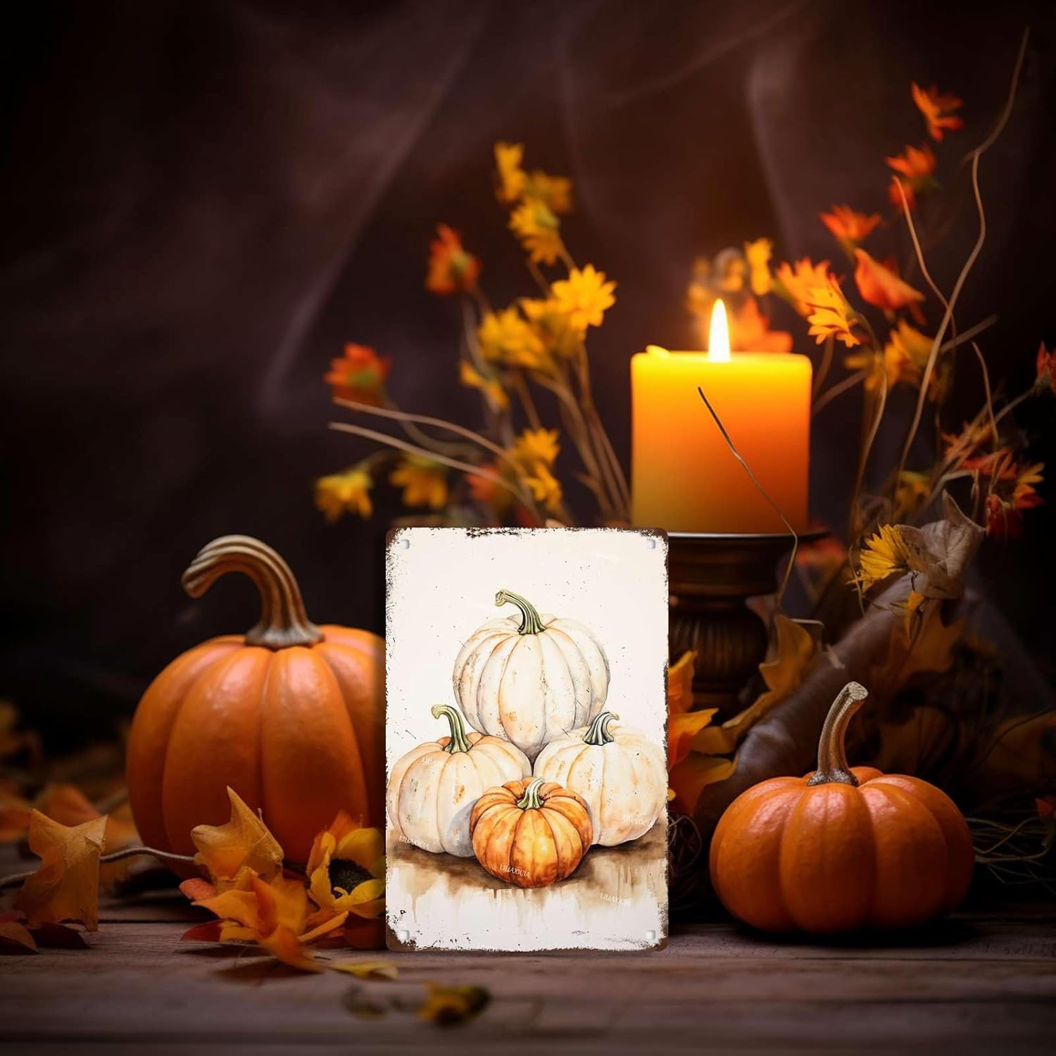 Letrero de hojalata con estampado de calabaza, acuarela, calabaza, arte de pared, decoración de otoño, decoración de Acción de Gracias, decoración