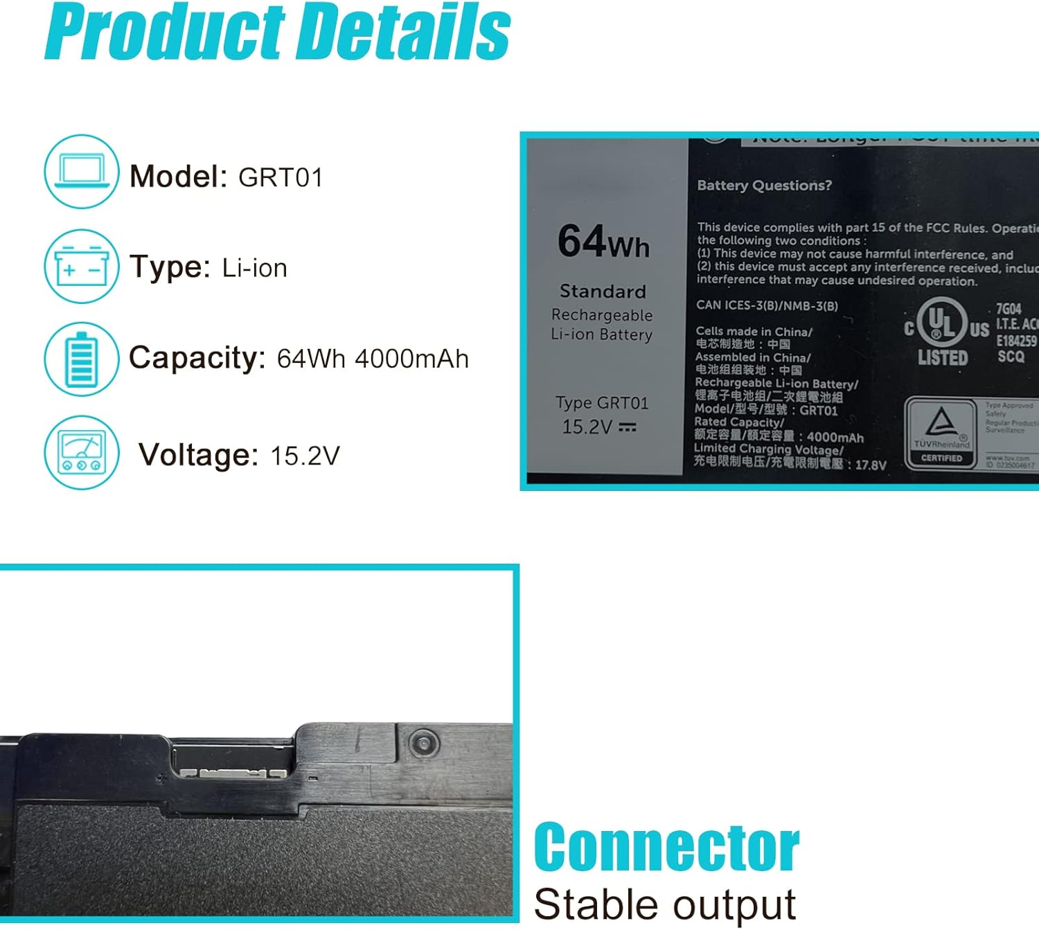 64Wh GRT01 – Batería de repuesto para laptop Dell Latitude 14 5421 5431 15 5521 5531 Precision 3470 3561 3571 Alienware m17 R5 AMD Series 0R05P0