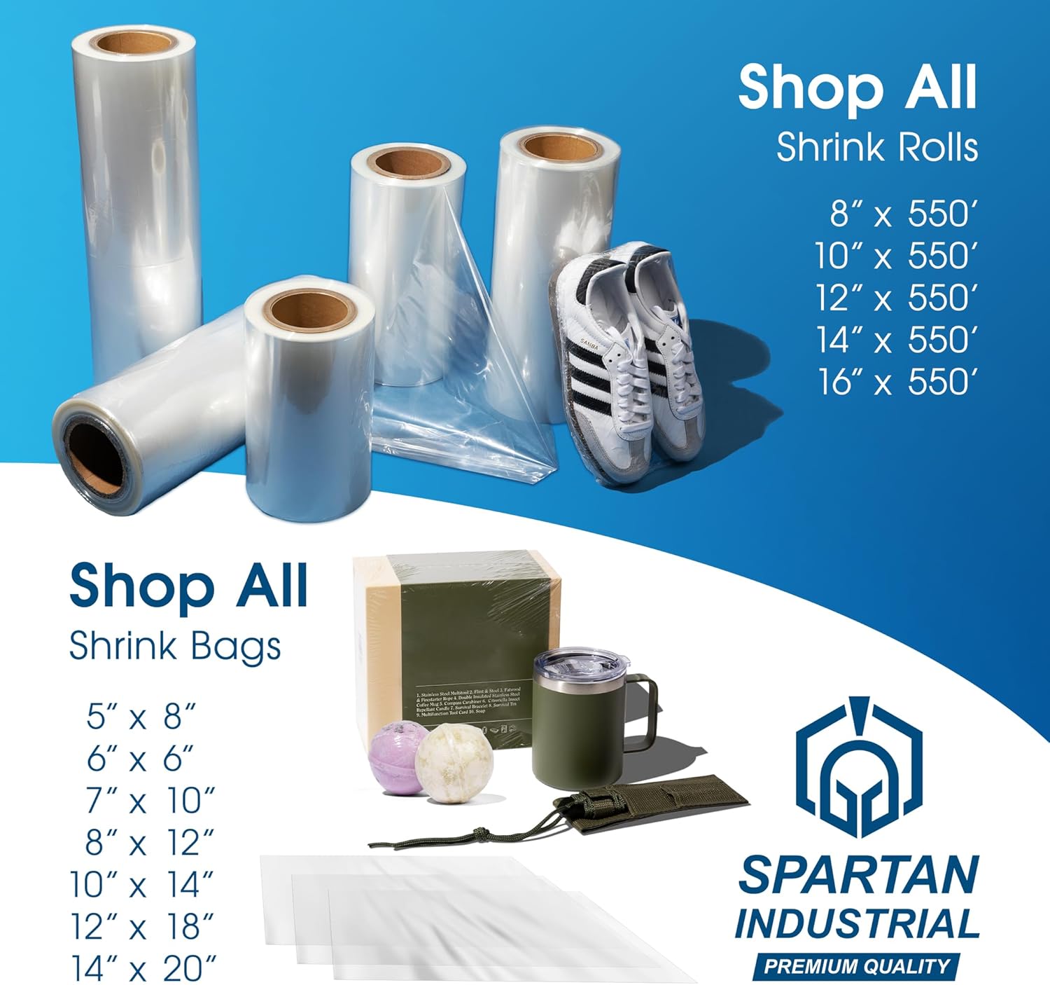 Spartan Industrial – Rollo de envoltura termorretráctil de poliolefina de 14 pulgadas x 550 pies – Película termorretráctil de calibre 80 para