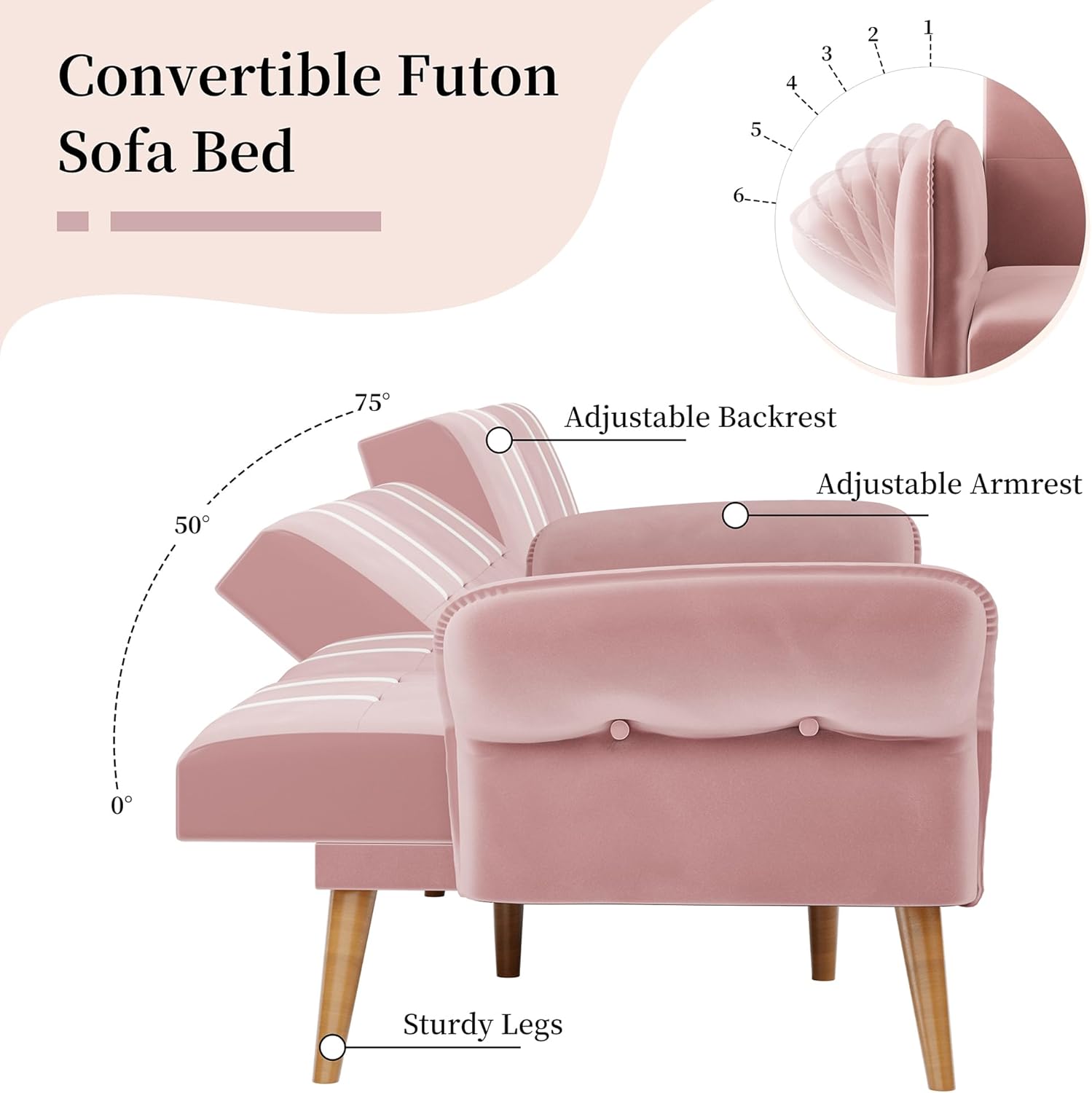 JAMFLY Sofá cama futón de terciopelo de 69 pulgadas, sofá cama convertible con reposabrazos y respaldo ajustables, moderno sofá biplaza para sala de