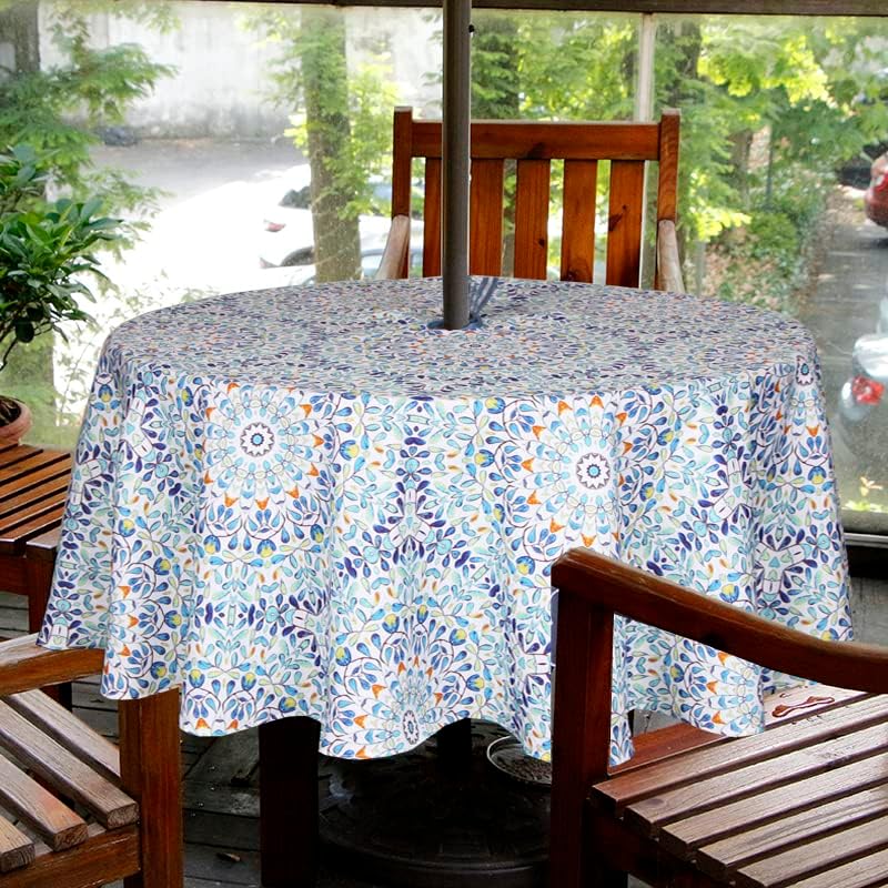 Outdoor Tablecloth Water Resistant Polyester Fabric Tropical Leaves Table Cover with Zipper Umbrella Hole for for PicnicPartyDinnerPatio Garden