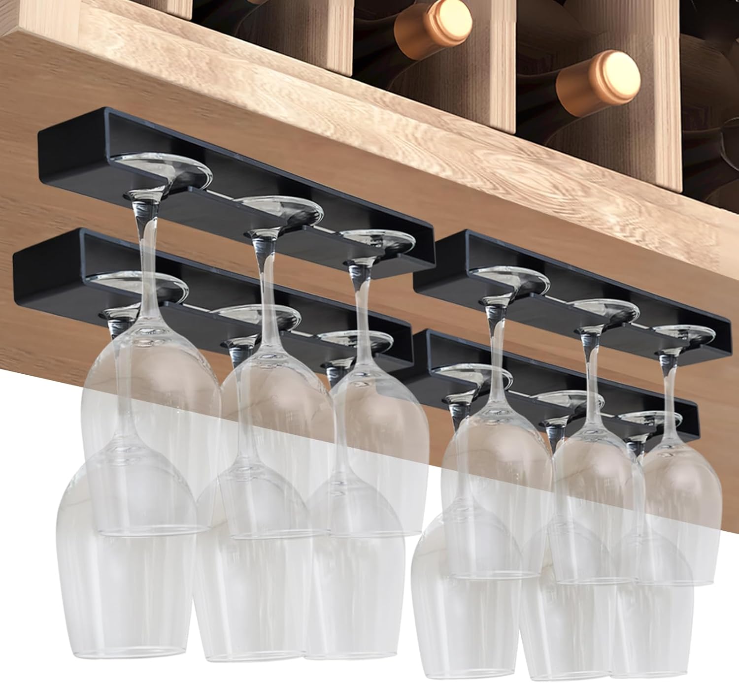 Vaisoeny Soporte para copas de vino, paquete de 4 unidades, soporte para copas de vino sin taladrar debajo del gabinete, soporte organizador de