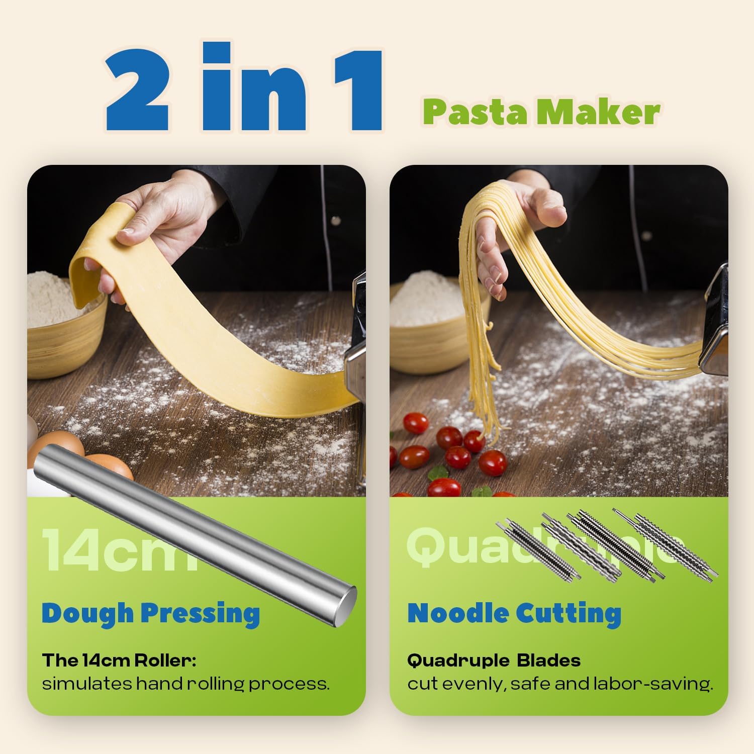 Máquina automática para hacer pasta eléctrica, rodillo de masa de pasta fresca, acero inoxidable (4 cuchillas para fideos planos de 0.079 in, 0.098