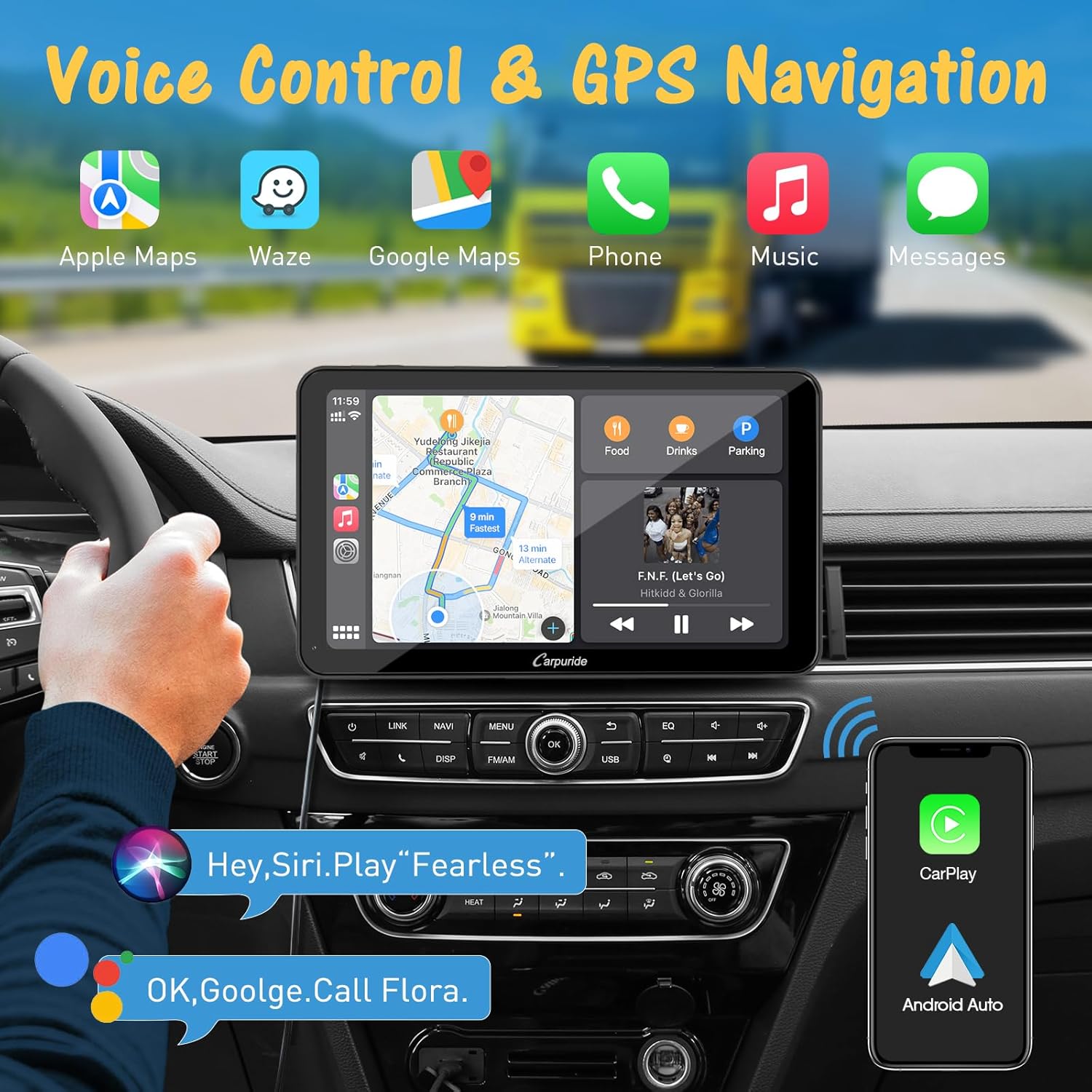 Carpuride w701 Pro portátil BT Stereo, Carplay inalámbrico y Android Auto con cámara de respaldo, Bluetooth dual, enlace espejoGPSSiriFM, soporte
