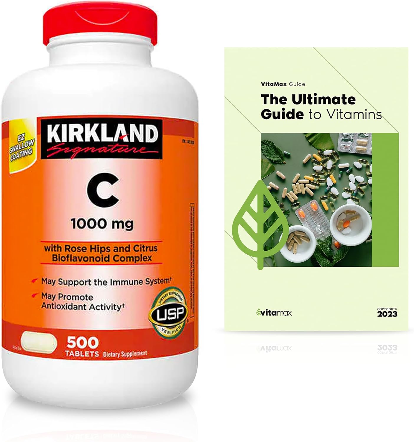 Kirkland Signature Vitamina C 1000 mg., 500 tabletas + guía exclusiva de vitaminas VitaMax – 2 artículos