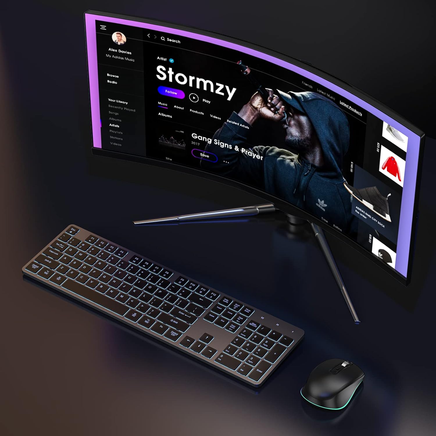 Teclado y mouse inalámbricos, combo de teclado inalámbrico recargable, Jiggle Mouse delgado, tamaño completo, silencioso, 7 colores, retroiluminado,