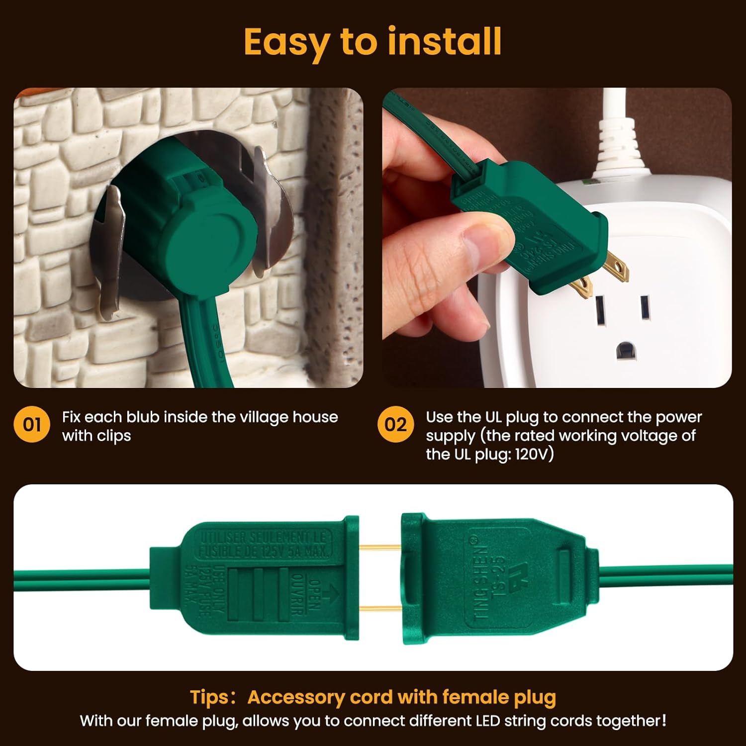 JOZDAUP Sistema de iluminación, cable de accesorios verde de 3.3 pies con 1 bombilla LED C7 fusible, paquete de 4, cable de luces de molde por