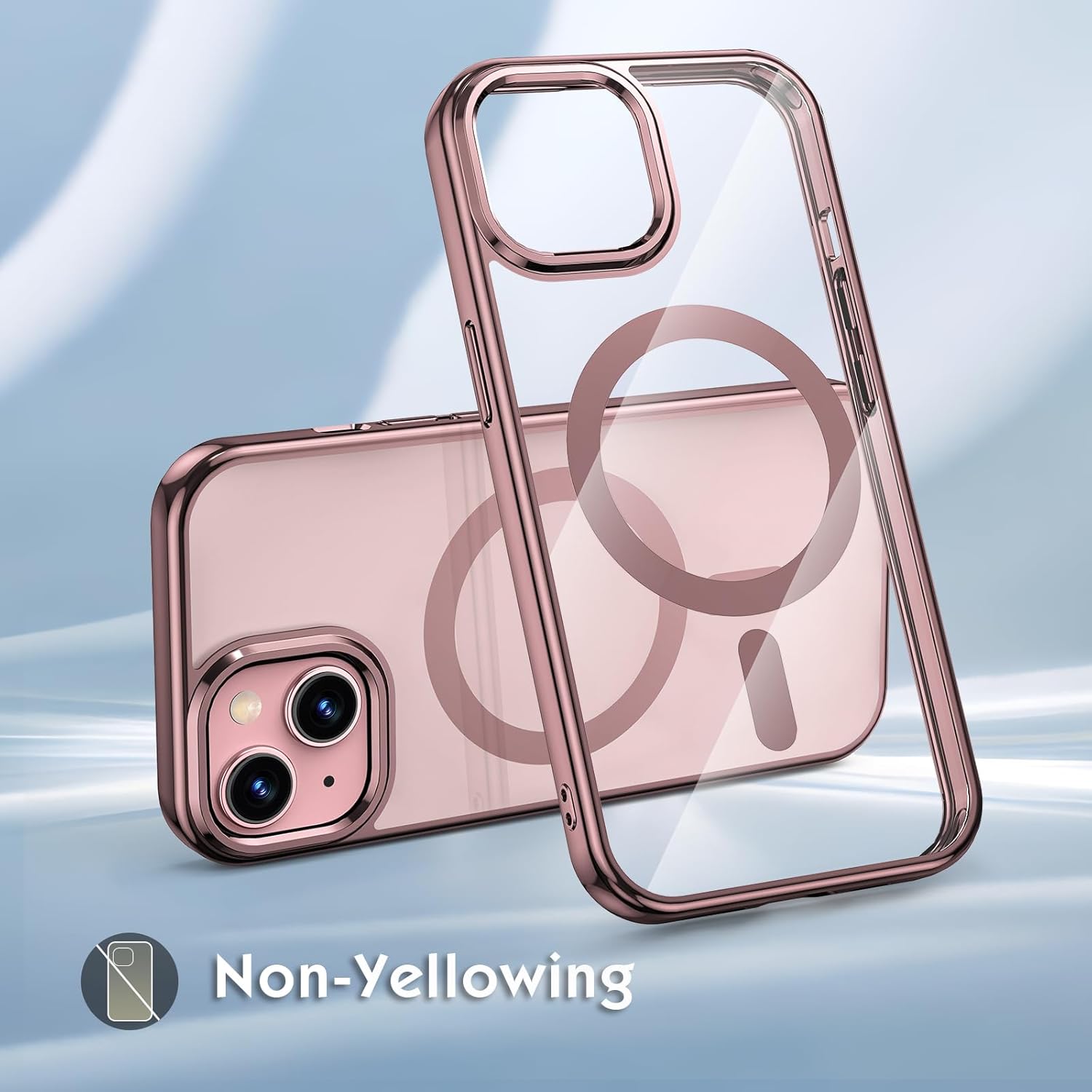 zelaxy Compatible con iPhone 15, funda magnética de lujo con borde galvanizado, transparente, carcasa dura, nunca amarilla, funda protectora para