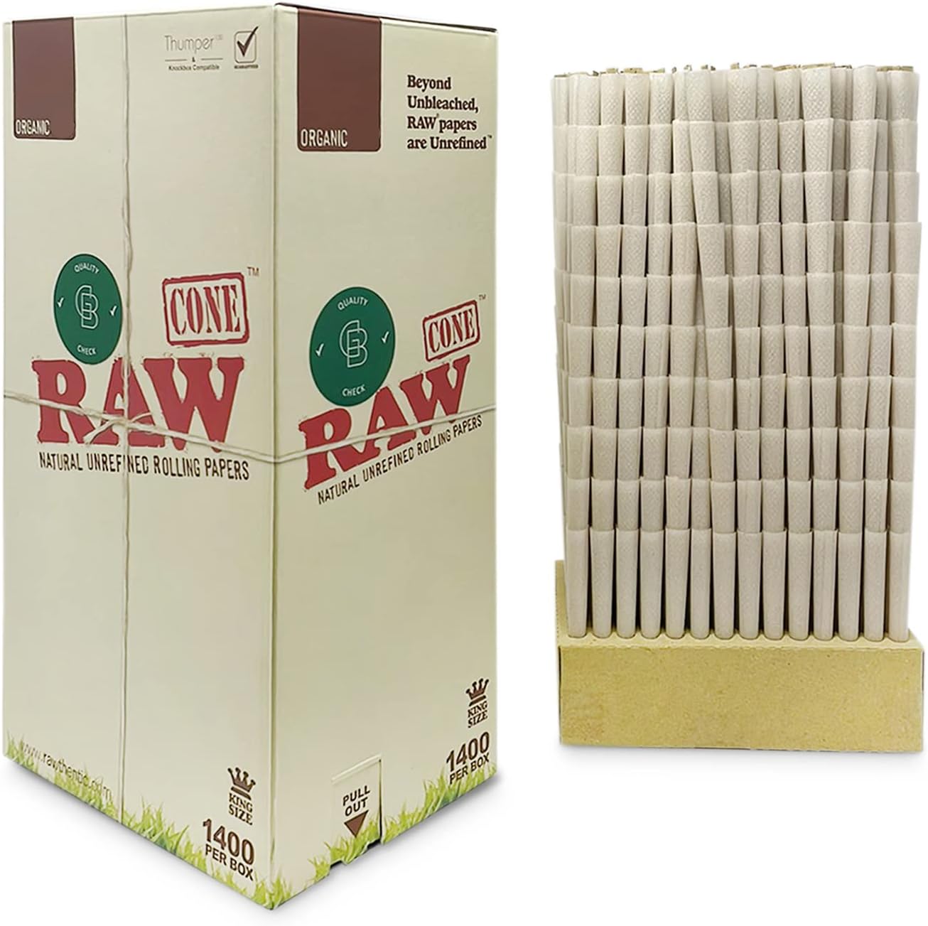 RAW Cones Organic King Size caja a granel de 1400 unidades – Papel de liar y puntas de conos rawAuthentic preenrollados, adhesivo verde blazer