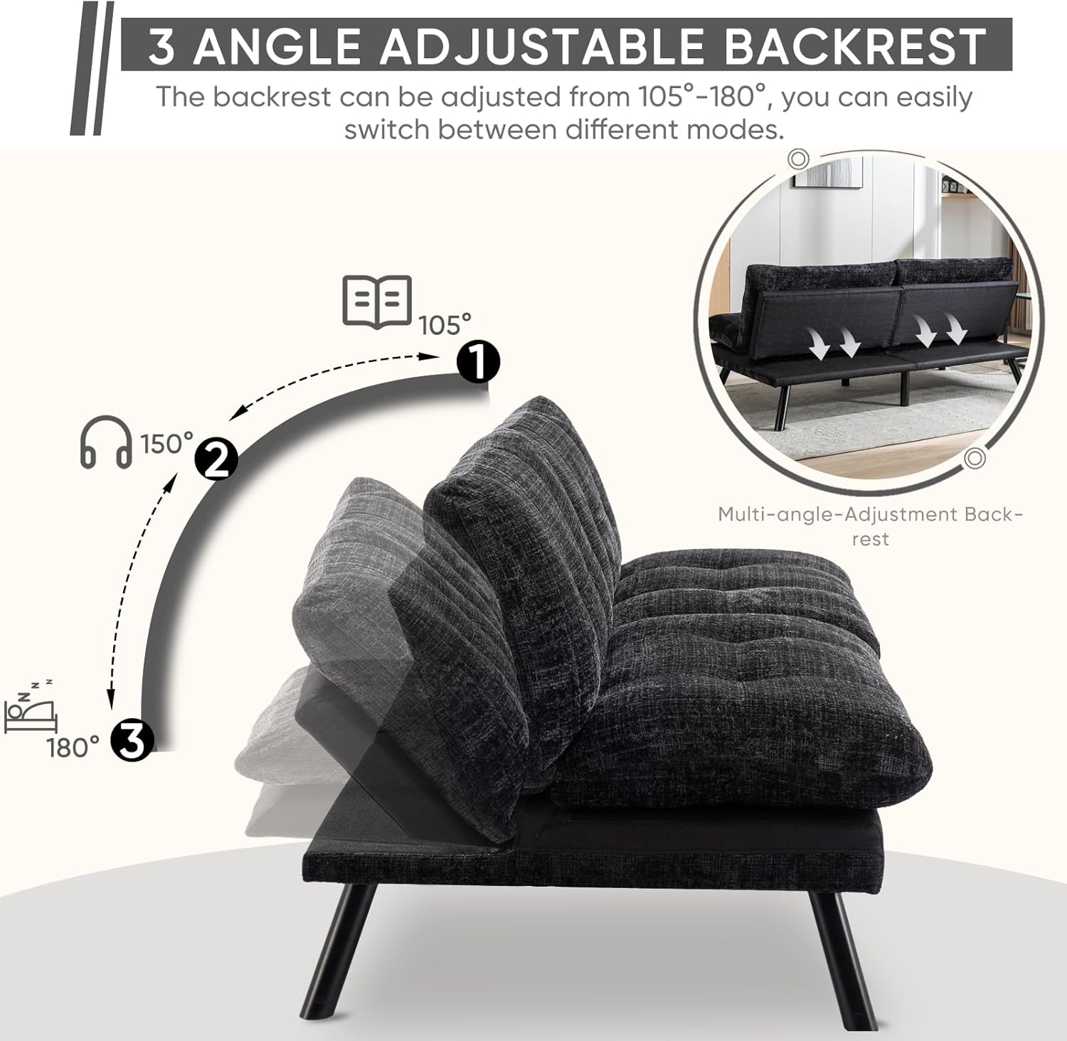 Sofá cama futón, sofá cama convertible de espuma viscoelástica, sofá biplaza pequeño con respaldo dividido para sala de estar, moderno asiento de