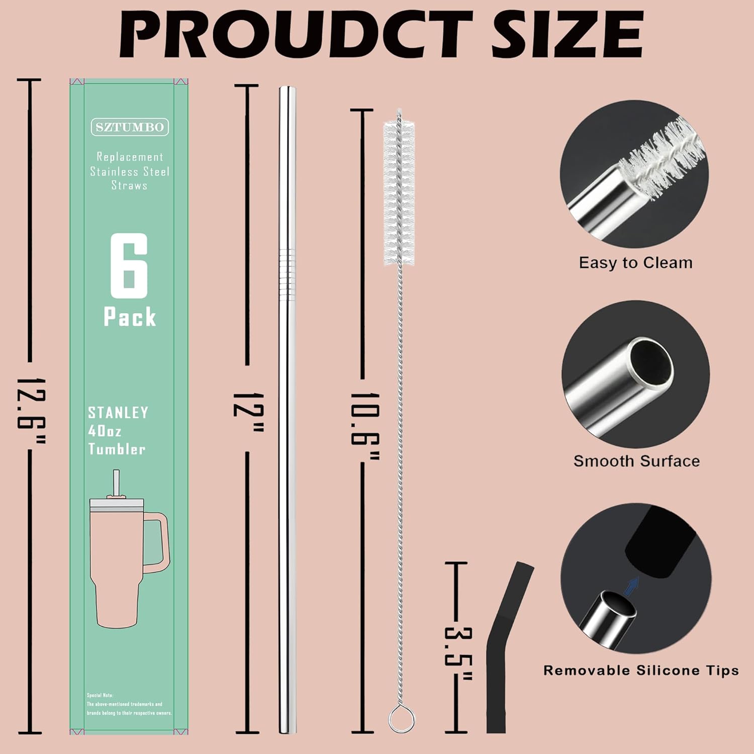 6 popotes rectos reutilizables de acero inoxidable de 12 pulgadas, con 6 puntas flexibles de silicona y 2 cepillos de limpieza, para vaso Stanley,
