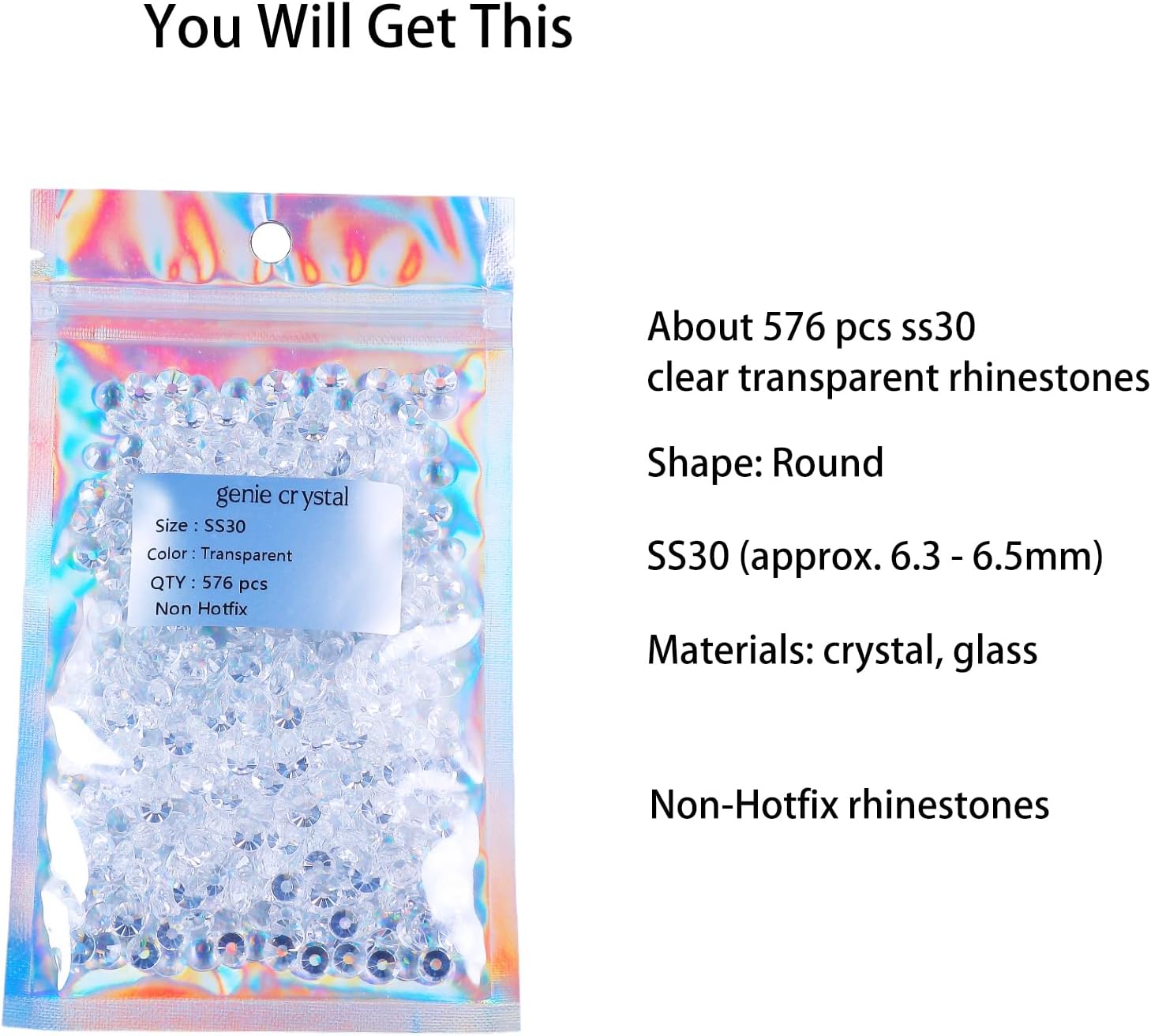 Genie Crystal ss30 – 576 diamantes de imitación de cristal transparente unfolid, 576 piezas de diamantes de imitación de 0.248 in con parte trasera