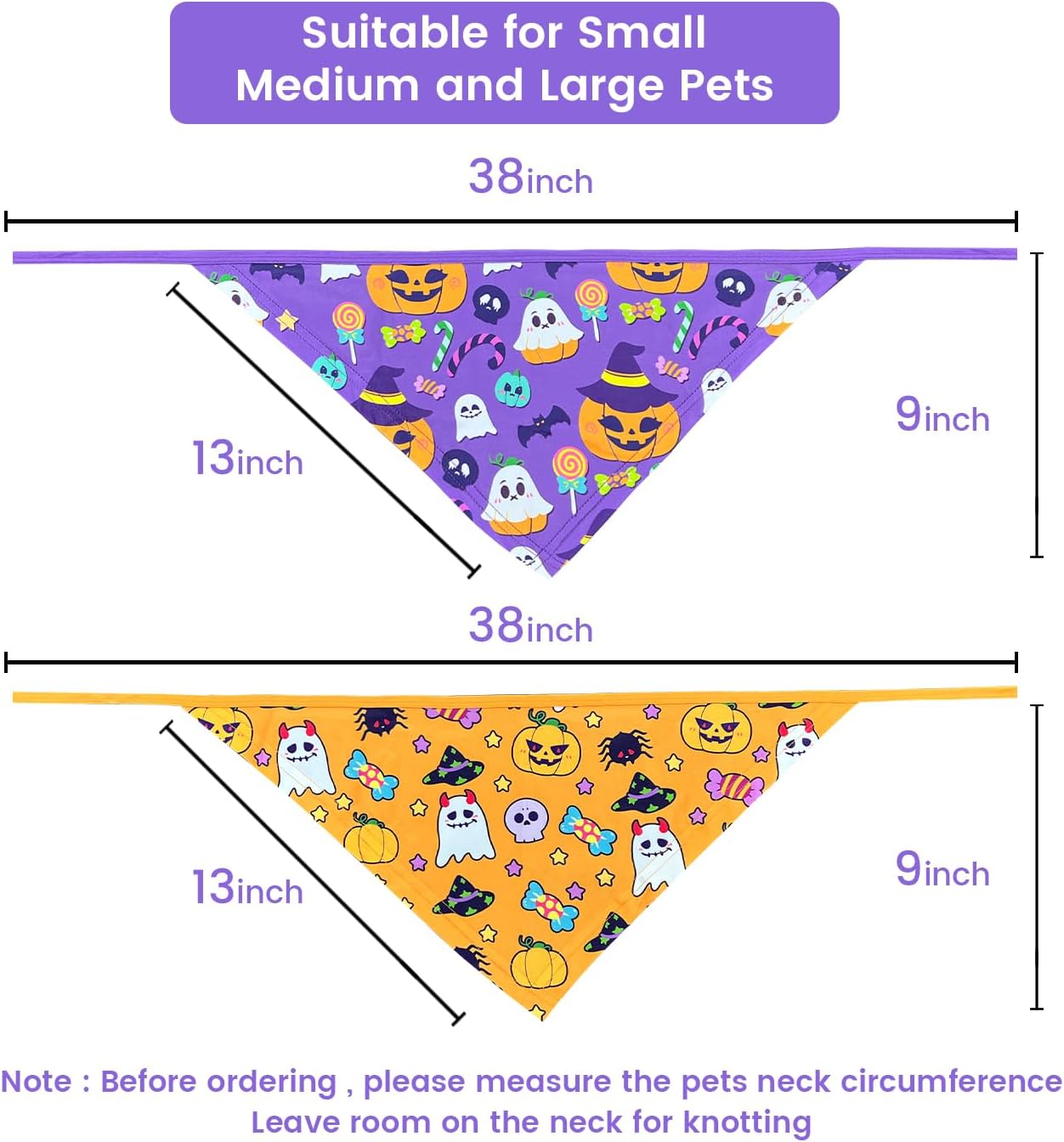 Bandanas de Halloween para perro, paquete de 2 múltiples patrones adorables con temática de Halloween, bufanda de tela duradera para mascotas,