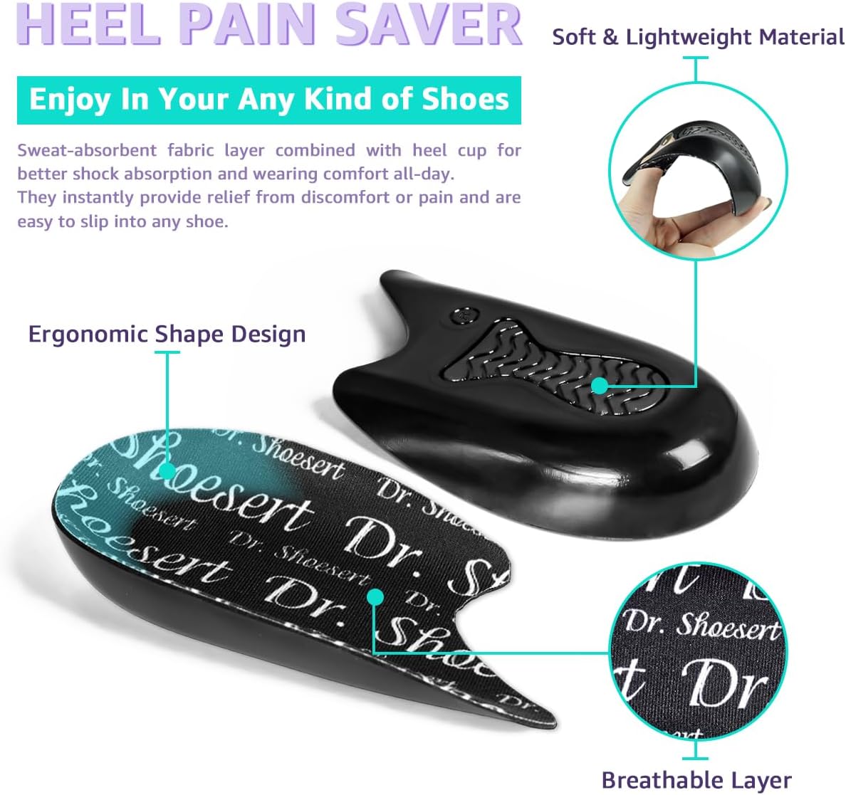 Dr. Shoesert Cojín de talón para tendinitis de Aquiles, espolones de talón y fascitis plantar, absorción de impactos, inserciones ortopédicas para