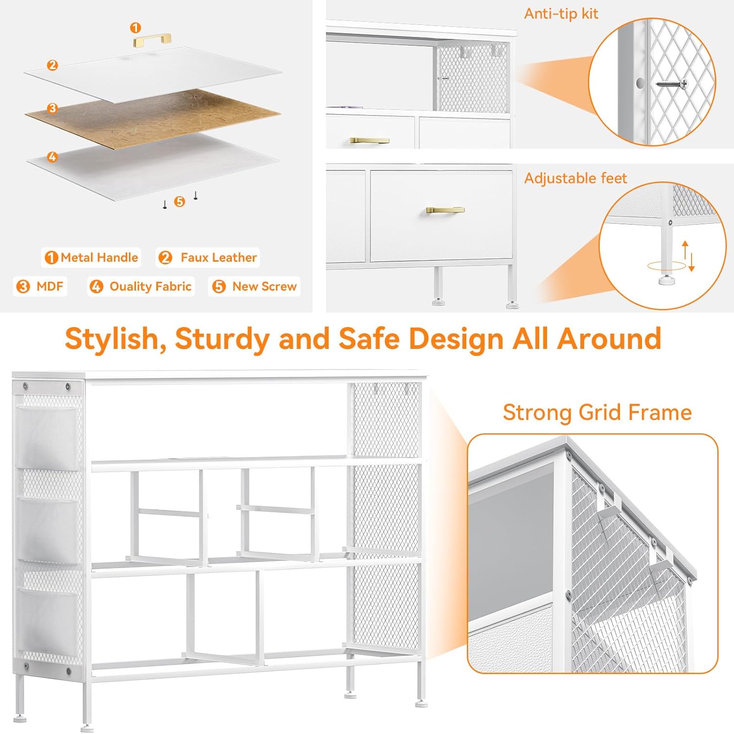 Cómoda para dormitorio, soporte de TV con tomas de corriente y luz LED, cómoda de 6 cajones con bolsillos laterales y ganchos, cómoda ancha con