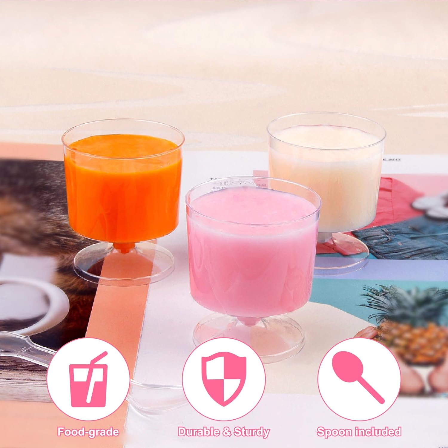 Paquete de 100 tazas de postre de plástico transparente con cucharas, tazas de mousse de 2 onzas, tazas de parfait transparentes, tazas de postre