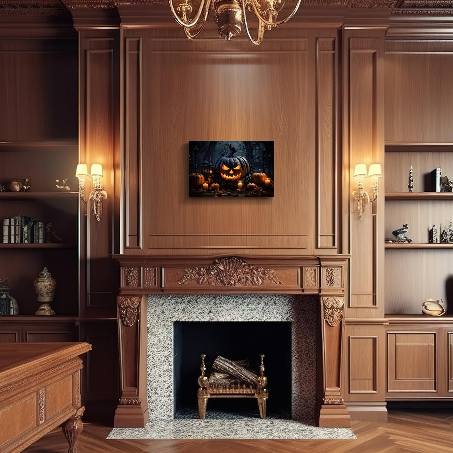 Decoración de Halloween para el hogar, Jack-O’-Lantern en el altar, arte de pared de lienzo negro sonriente espeluznante linterna de calabaza con