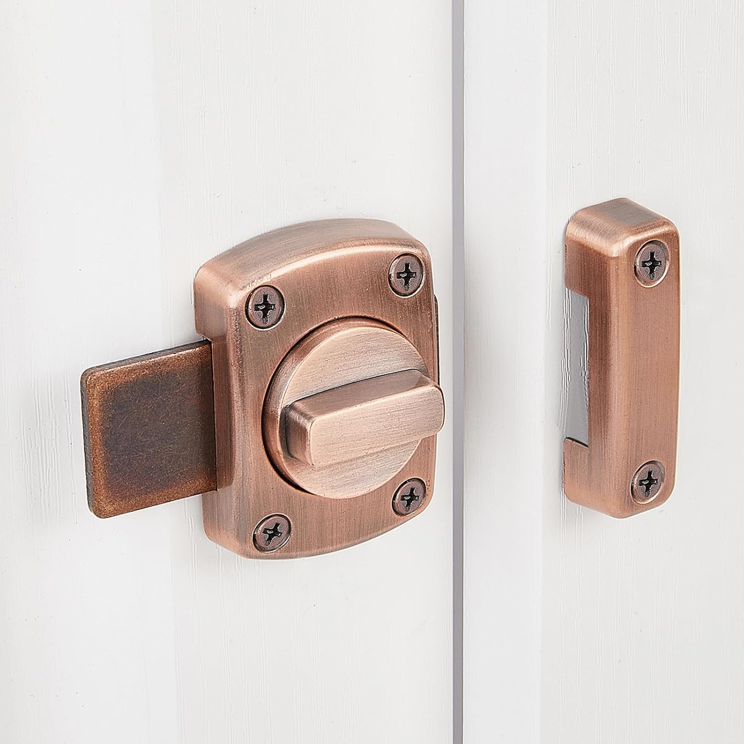 Paquete de 2 pestillos de cerrojo giratorio para puerta de seguridad, cerradura de puerta para mascotas, muebles de gabinete, ventanas, baño,