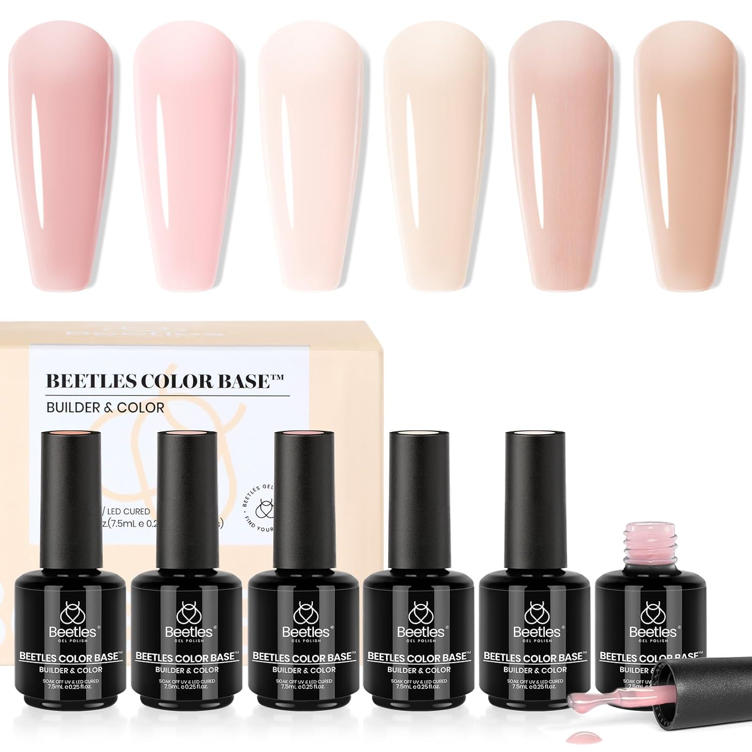 Beetles – Esmalte de uñas de gel base de color, 6 colores nude, esmalte de uñas rosa, esmalte de uñas rosa melocotón, esmalte de uñas neutros