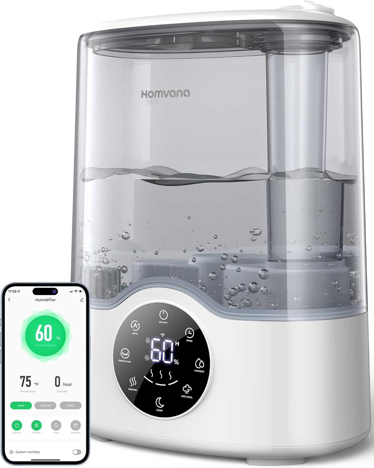 Homvana Humidificador inteligente para dormitorio, habitación grande, hogar, 7L cálido y fresco, niebla automática de 360, ajuste automático de