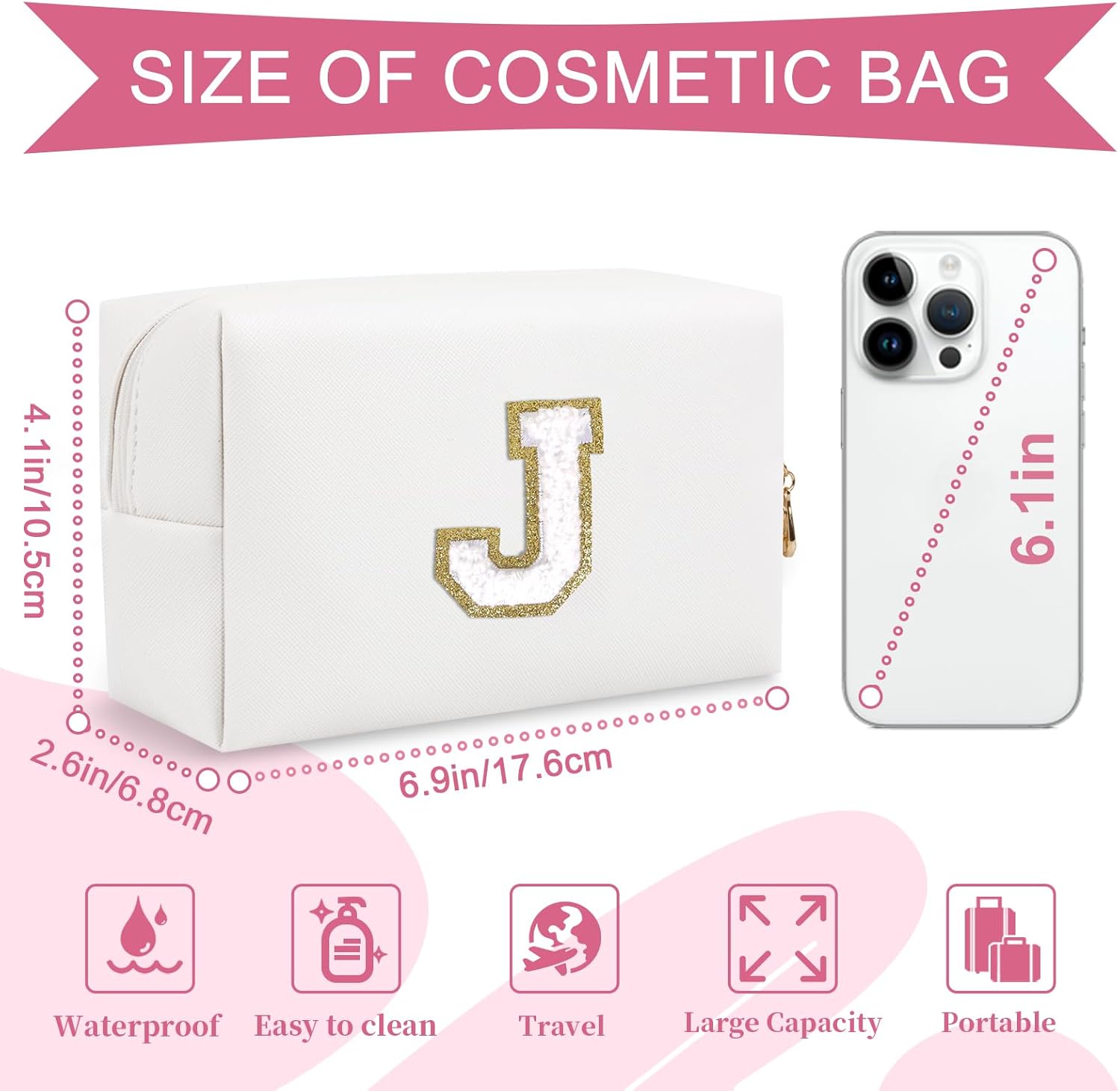 Bolsa de maquillaje personalizada con inicial A-Z, pequeña bolsa de cosméticos de viaje de piel sintética con cremallera, bonita bolsa de aseo