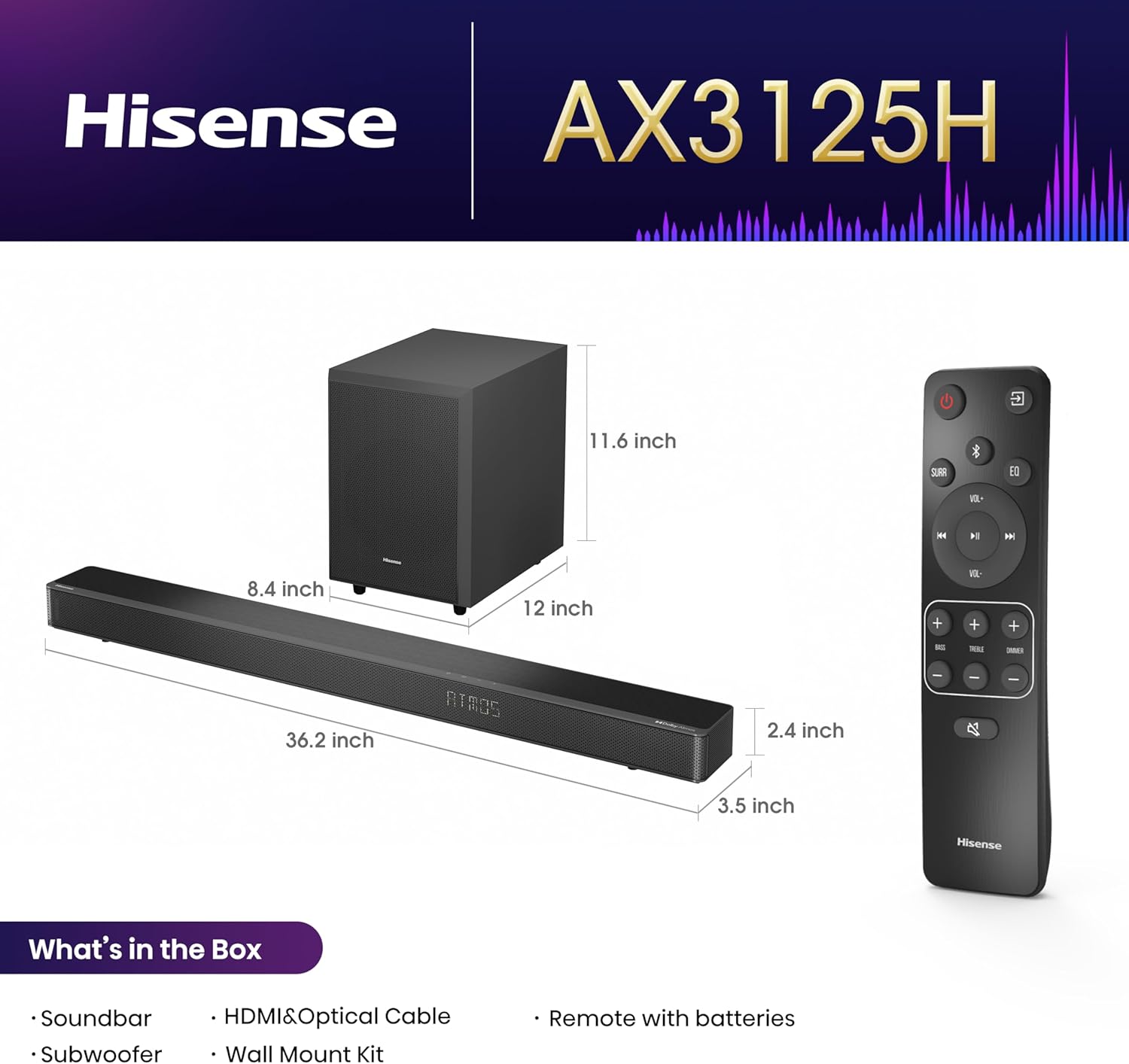 Hisense AX3125H Barra de sonido 3.1.2Ch con subwoofer inalámbrico, 440W, Dolby Atmos, Bluetooth 5.3, EzPlay, paso HDMI 4K a través de, listo para TV