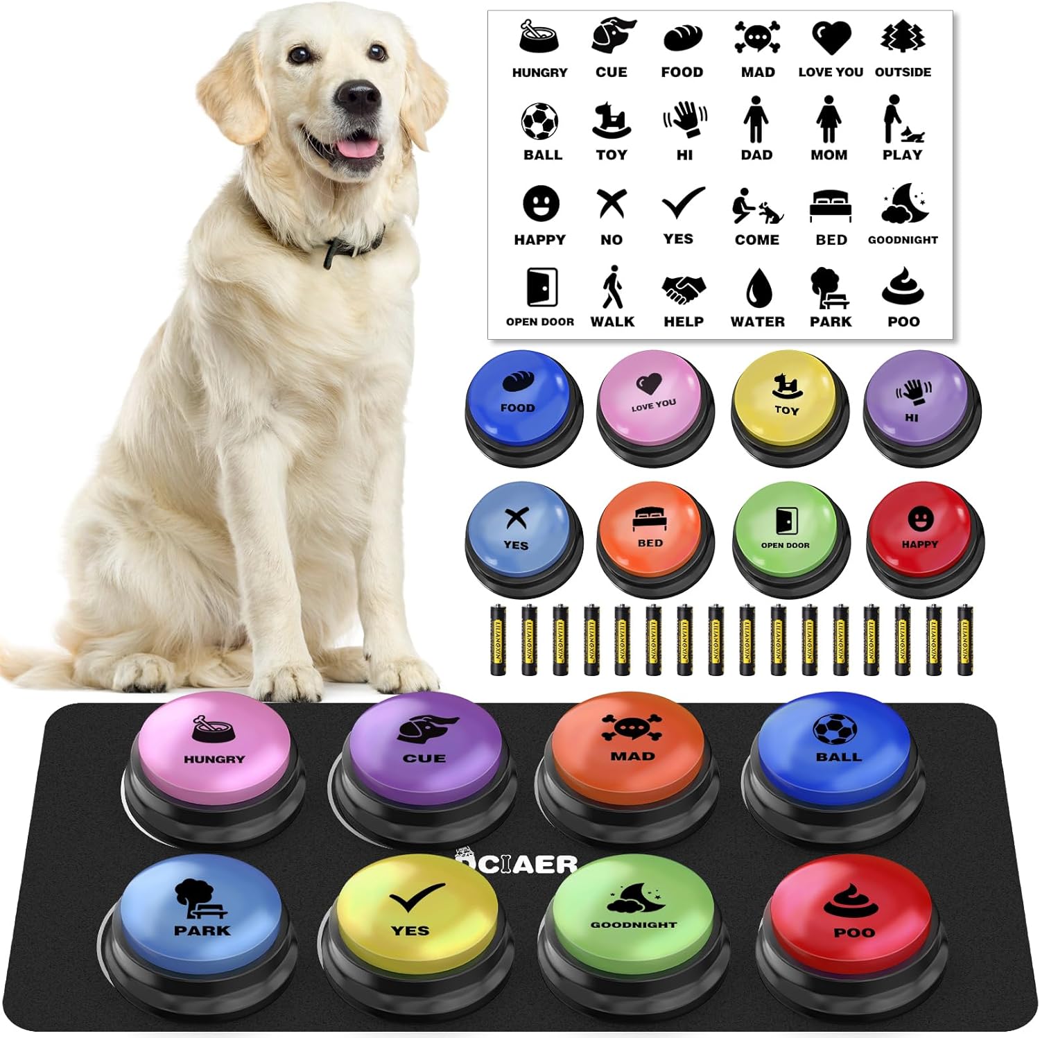 Botones para comunicación para perros, juego de 8 botones de conversación para perros, botones de entrenamiento de voz grabables de 30 segundos, con