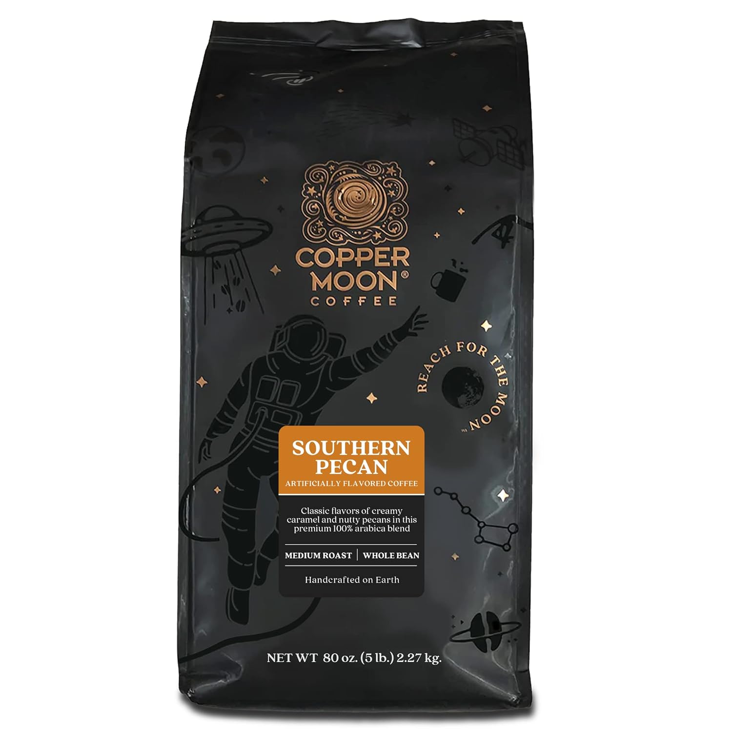 Copper Moon Café en grano entero, tostado medio, mezcla de nuez del sur, 5 libras