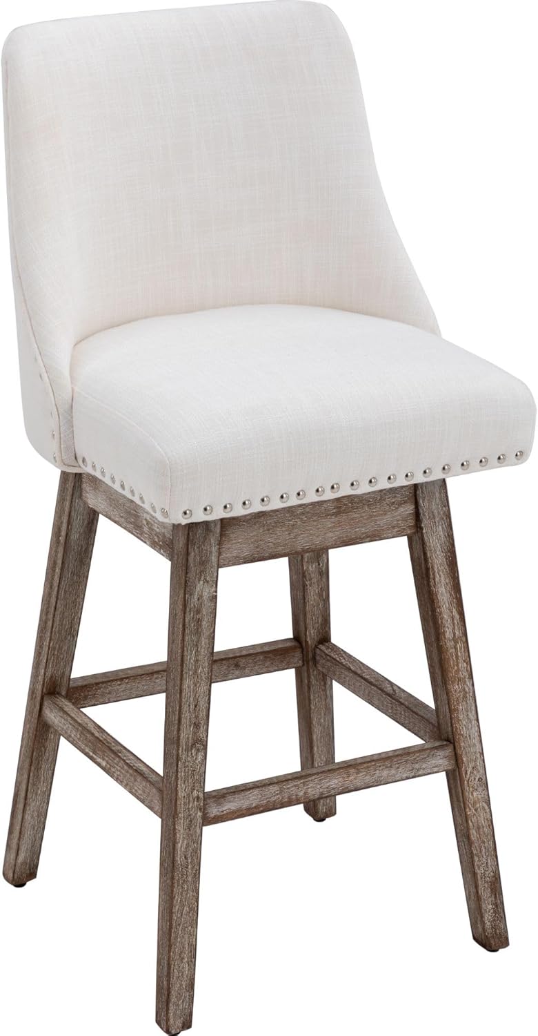 DM Furniture Taburetes de bar de 27.5 pulgadas de altura de mostrador, taburetes de cocina modernos de lino con patas traseras de madera, taburetes