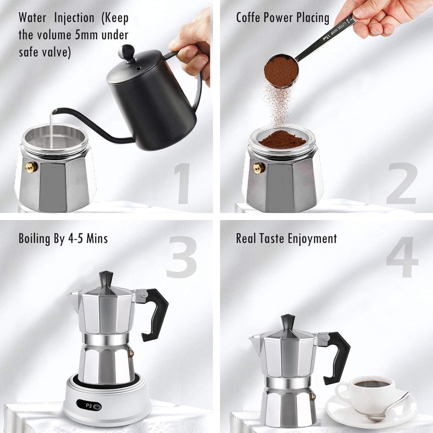 WOLEN Moka Pot – Cafetera y cafetera para estufa, cafetera italiana, cafetera Greca, cafeteras, color plateado (2 tazas)