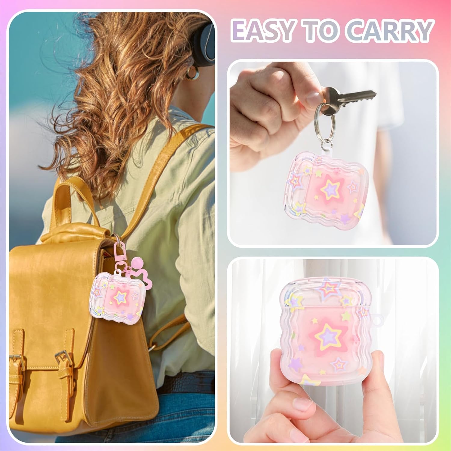 Bonita funda para Airpod con diseño de estrella kawaii, con llavero de estrella pequeña y campana, funda protectora suave compatible con Airpods de