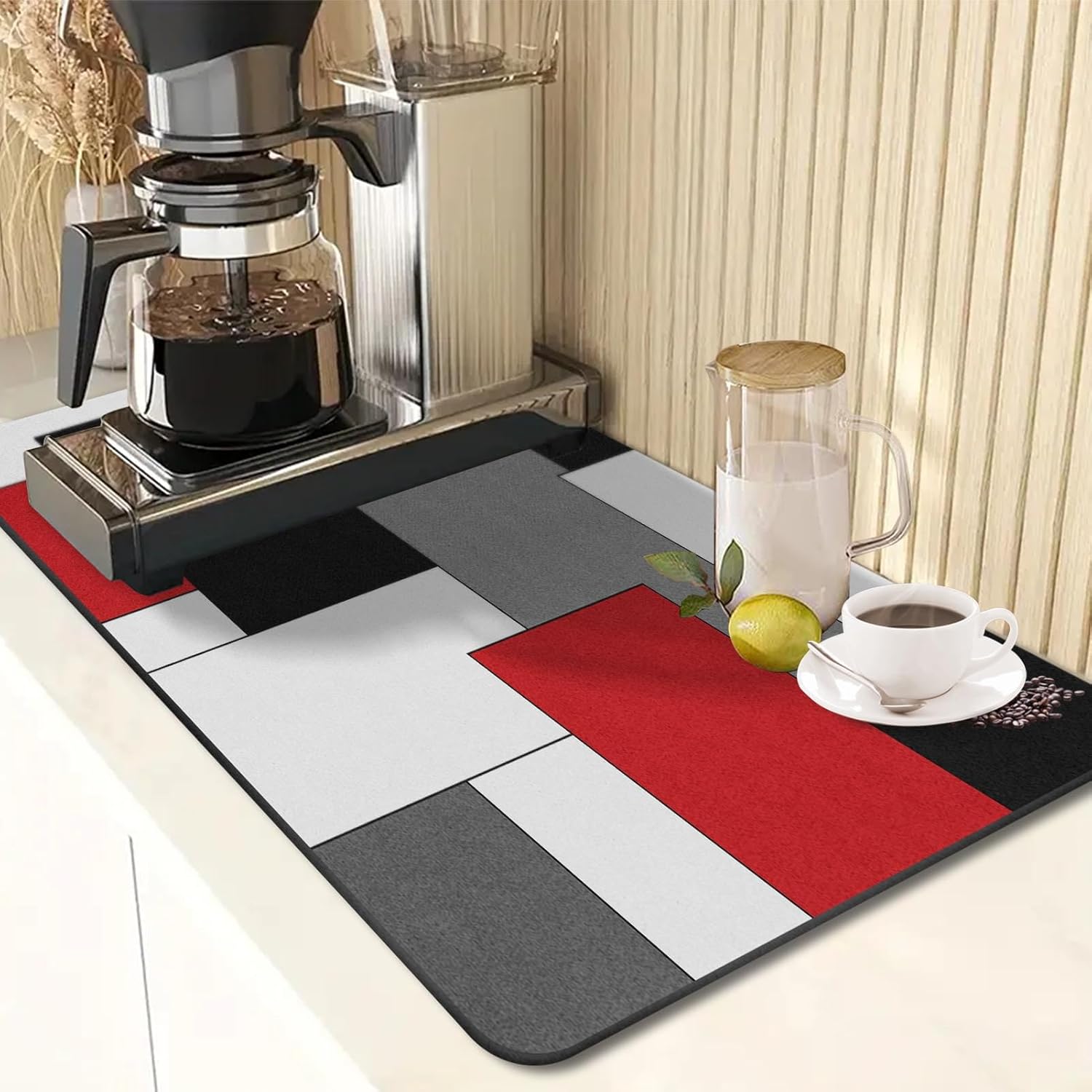 Tapete de café para encimeras, rojo, negro, blanco, gris, tapete moderno de secado de platos, 2 piezas para accesorios de cocina, cafetería, bar,